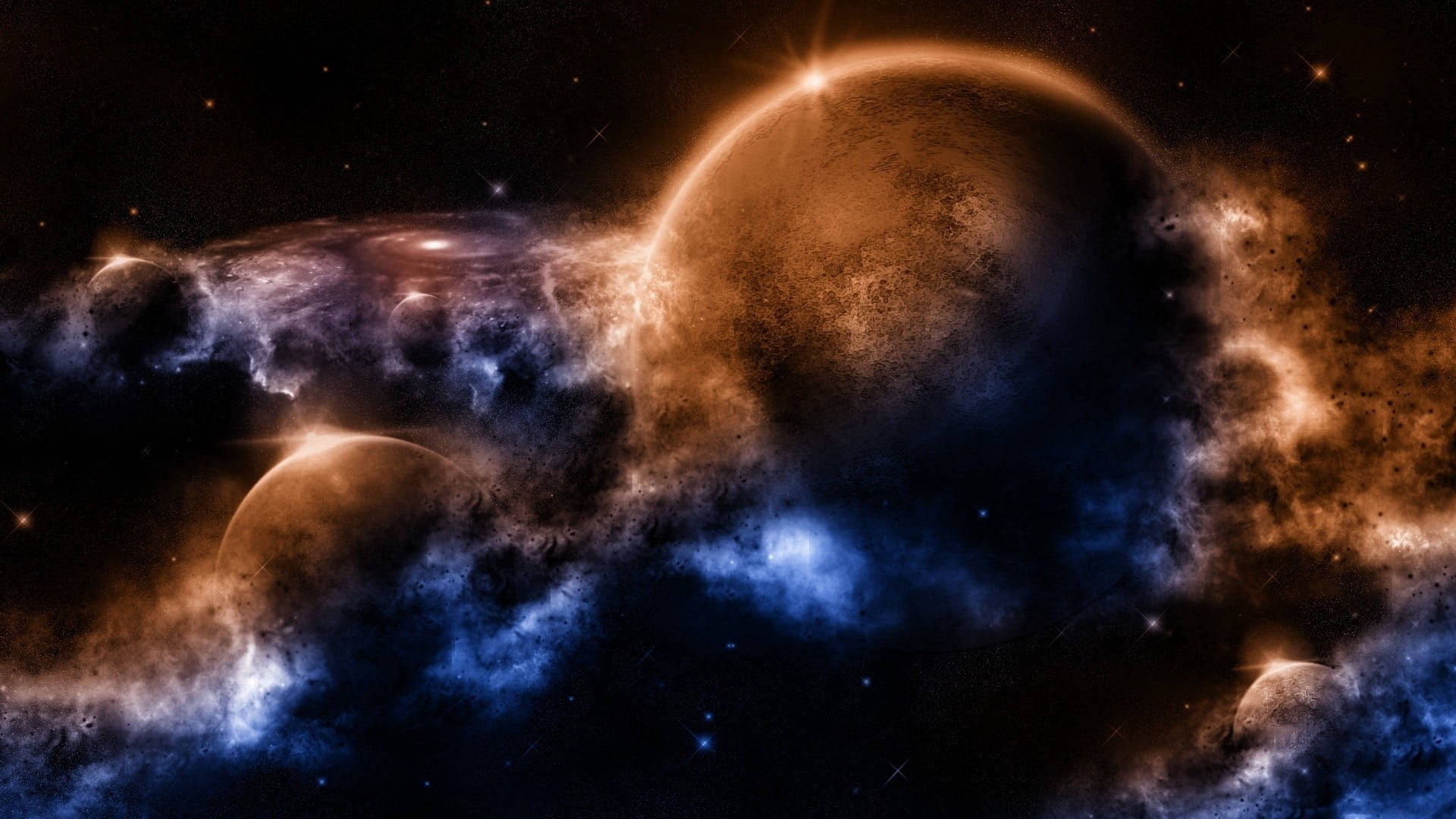 在佈滿星星的宇宙場景中，發光的行星和色彩繽紛的星雲。