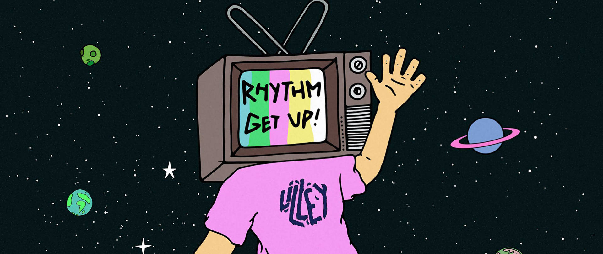 頭部是電視機的人物在太空中與行星一起顯示「RHYTHM GET UP!」。