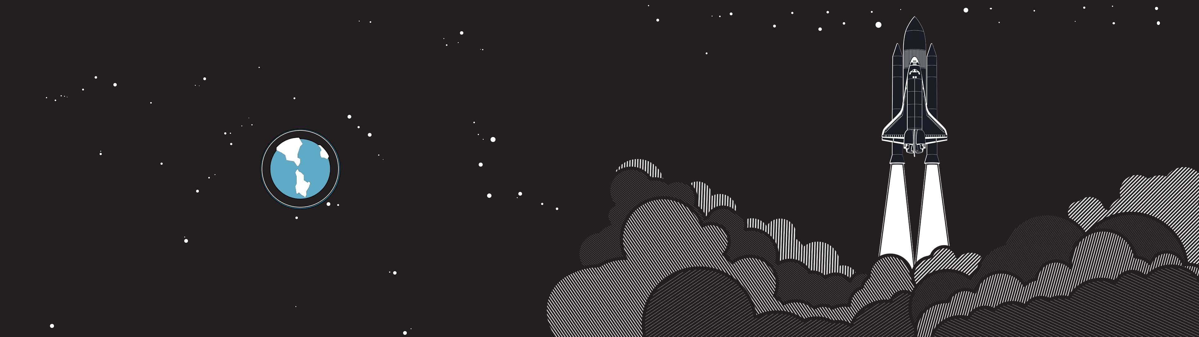 太空高清 3840x1080 火箭與地球 壁紙 — 一枚風格化的火箭穿過雲層，朝向藍色地球，背景是繁星點點的夜空。