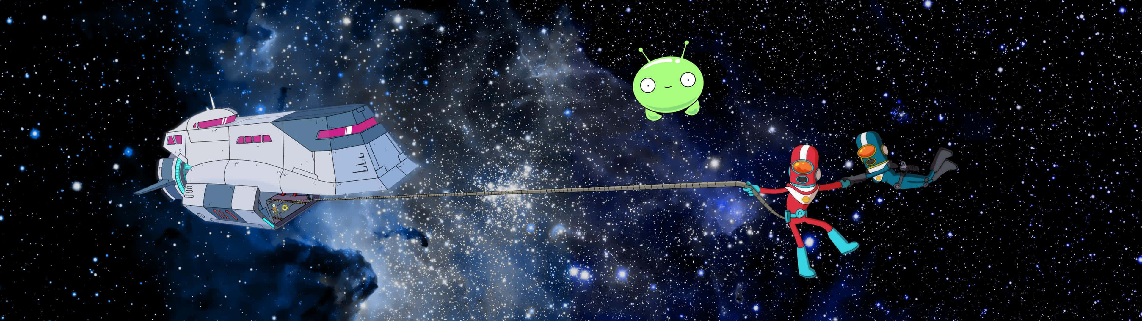 兩名太空人在太空中用繩子拉著一個綠色外星人，靠近太空船。