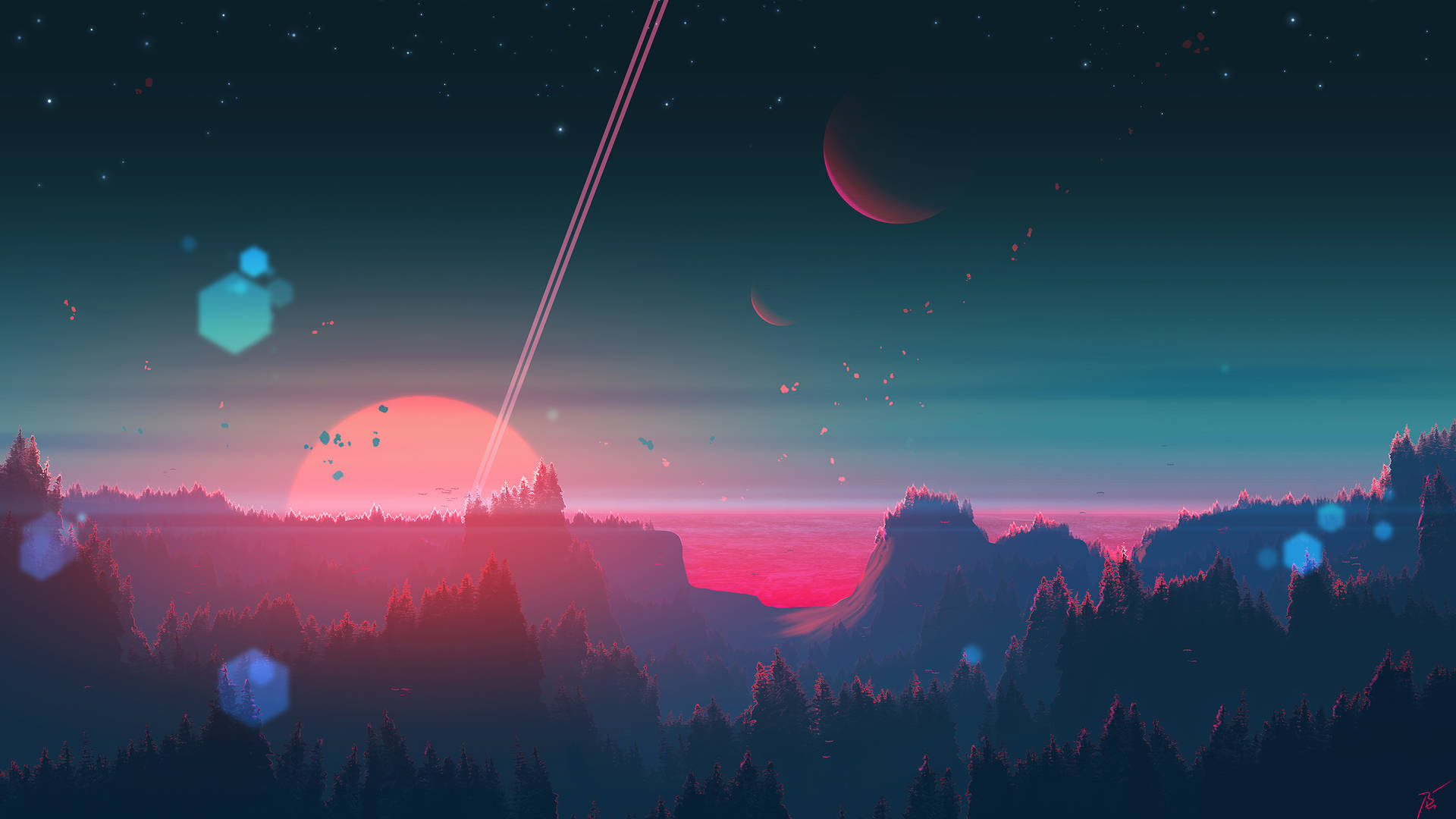 發光粉紅色太陽和星空下的外星山脈，漂浮的六邊形。