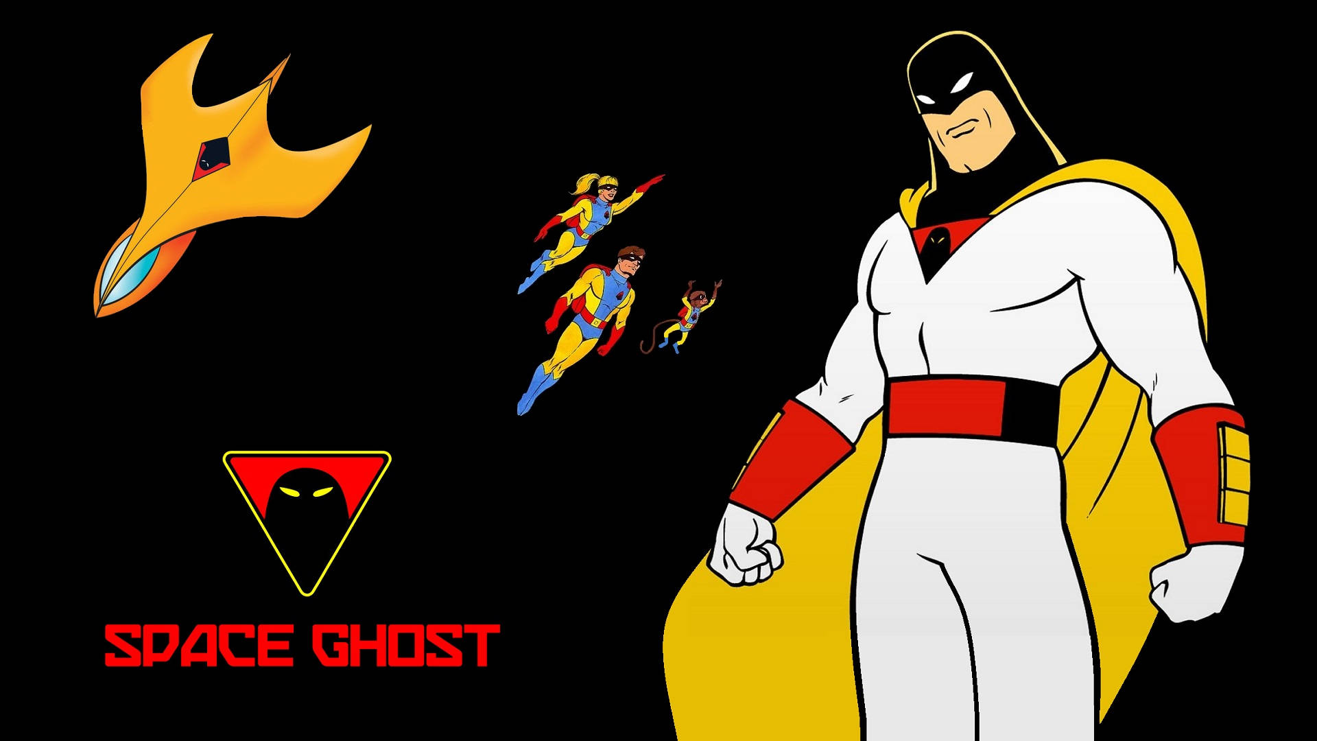 Space Ghost 卡通角色，在黑色背景下與飛行團隊和太空船一起。