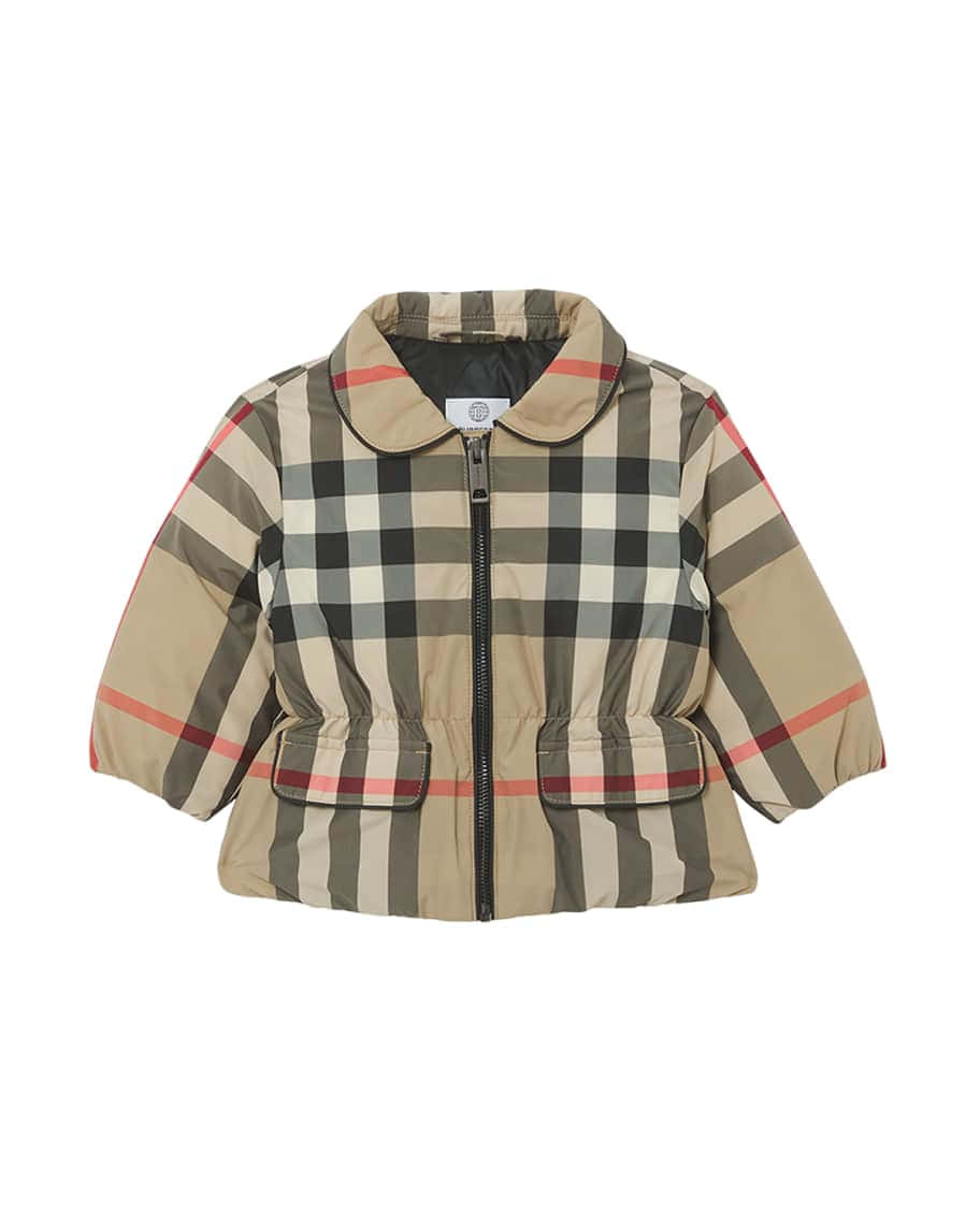 Burberry 格紋兒童羽絨外套，前拉鍊和口袋。