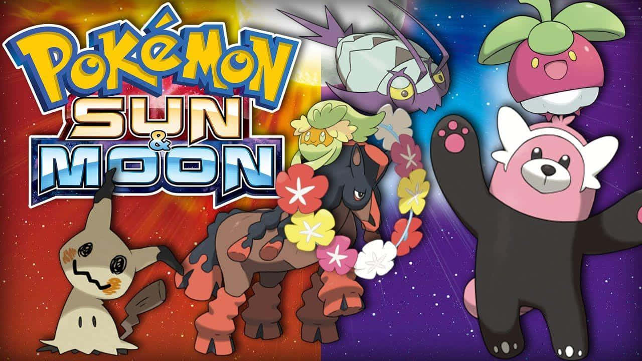 太陽、月亮與香草 壁紙 — 充滿活力的 Pokémon 太陽＆月亮標題藝術，五隻色彩繽紛的 Pokémon 在分裂的太陽和月亮宇宙背景前。