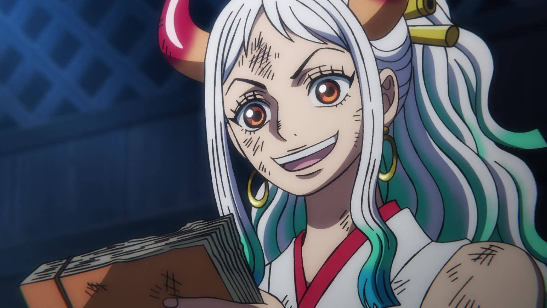 擁有白色和青綠色頭髮以及惡魔角的動漫女孩，微笑著拿著一本書。