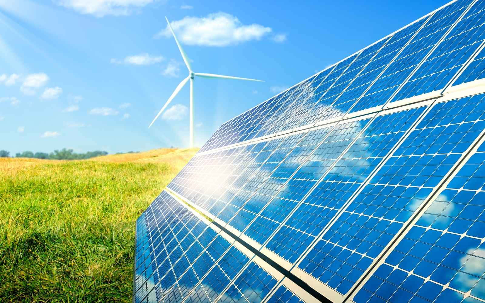 藍天下陽光普照的綠色田野中的太陽能板和風力發電機