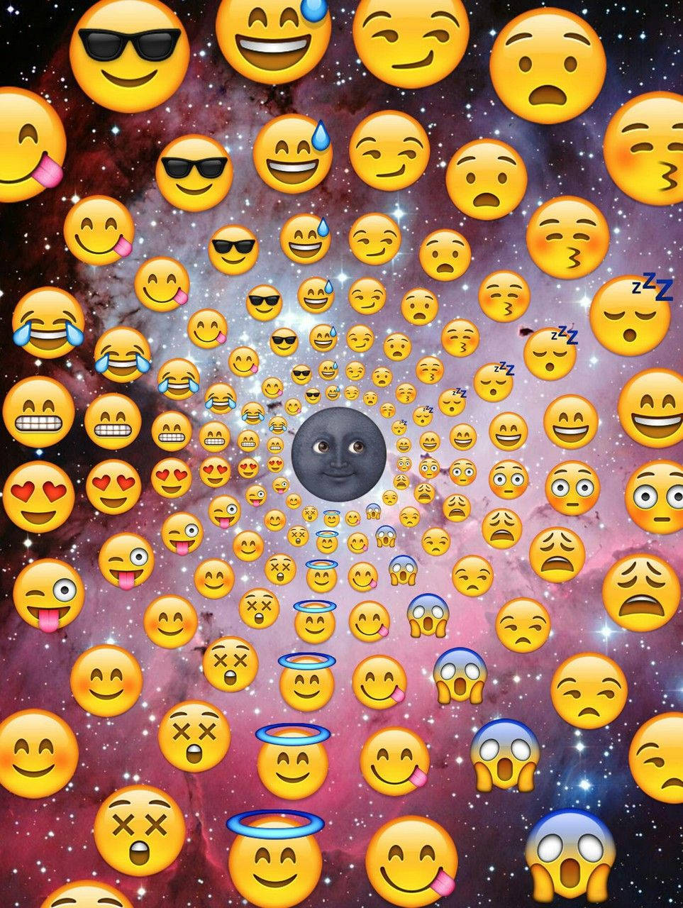一個充滿旋轉表情符號面孔和中央月亮面孔的星系。