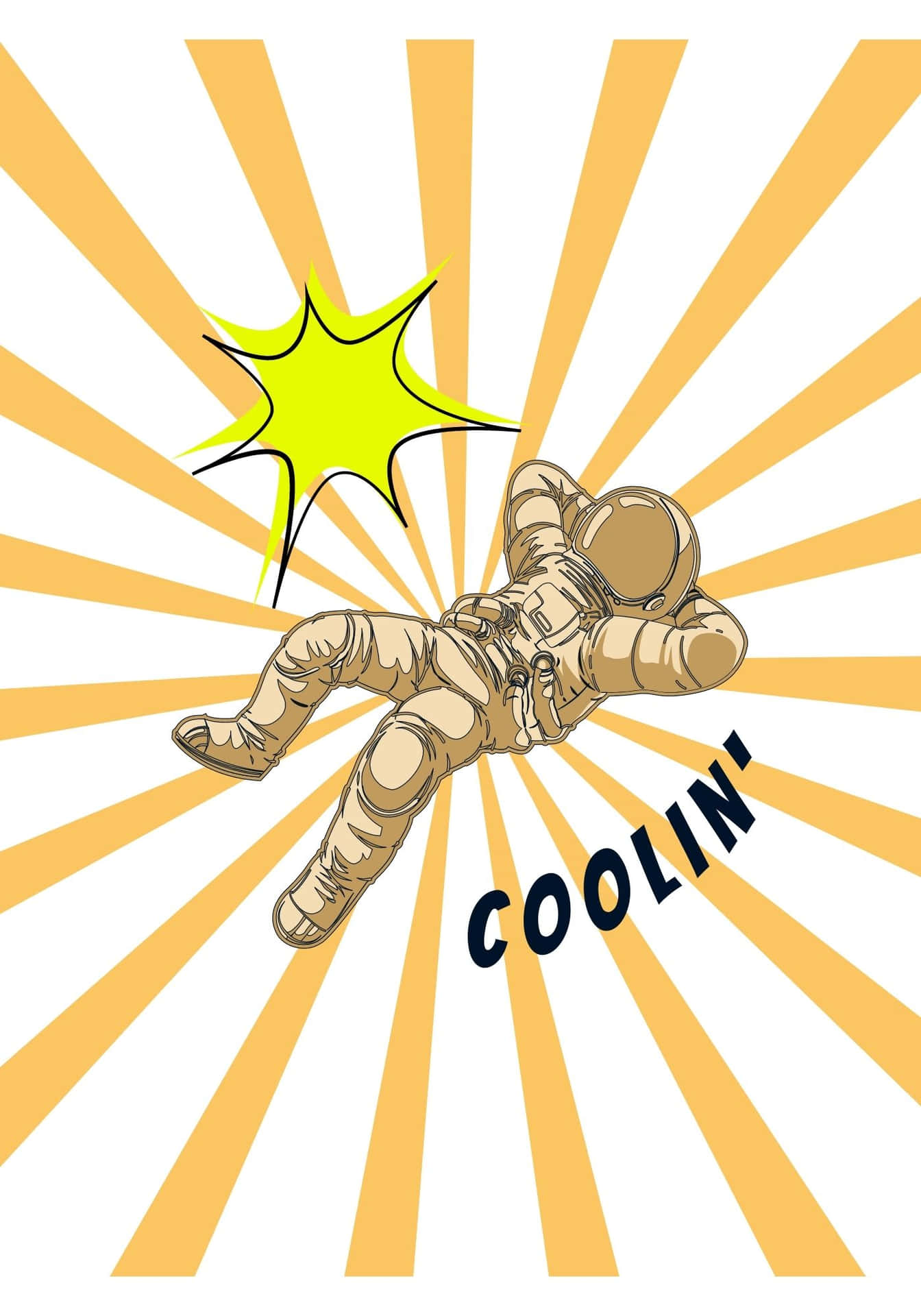 一個卡通太空人漂浮，帶有星爆和單詞 coolin'，背景是太陽爆發。