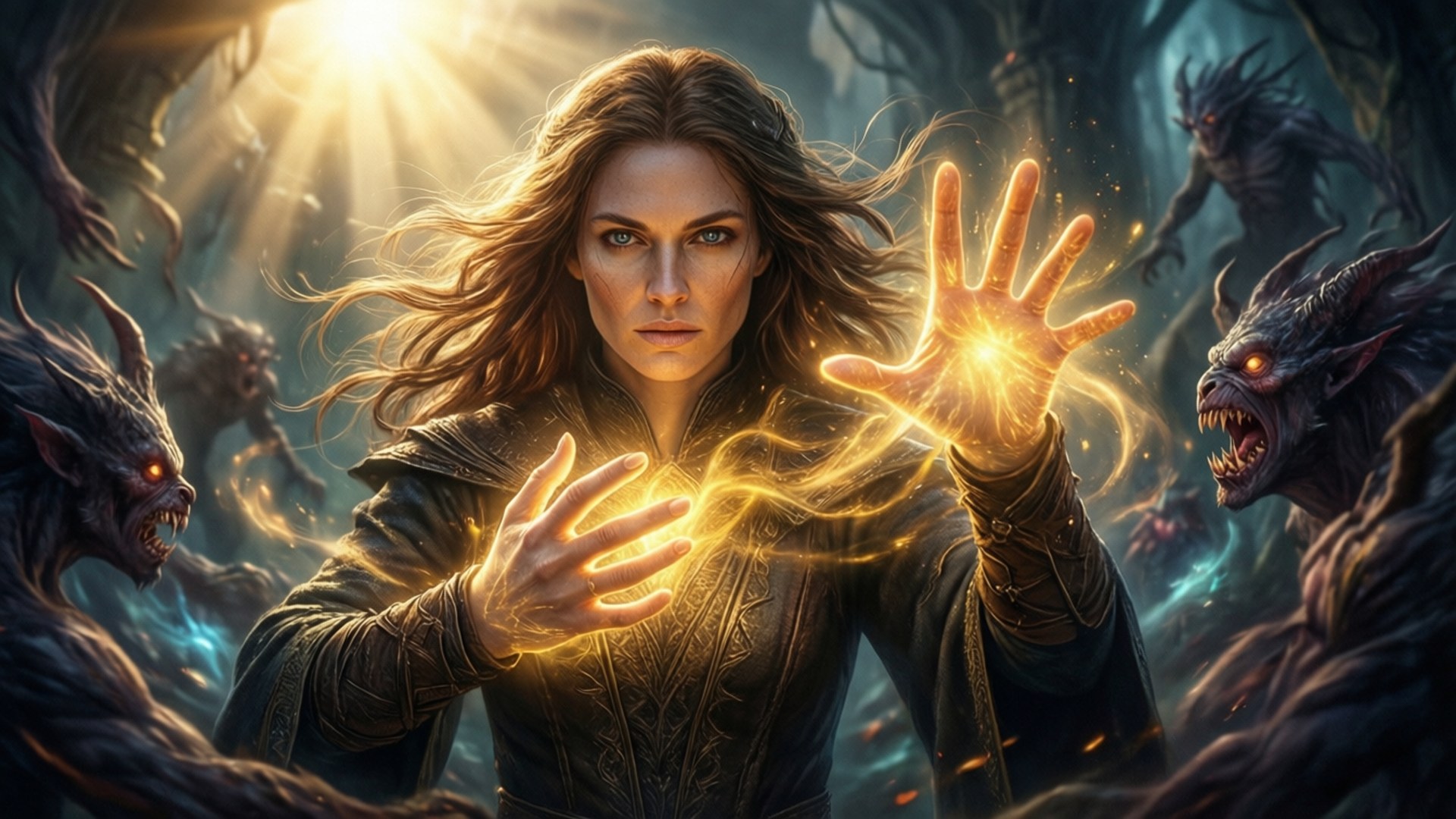 一個女人在黑暗的奇幻場景中揮舞發光的魔法對抗惡魔生物。