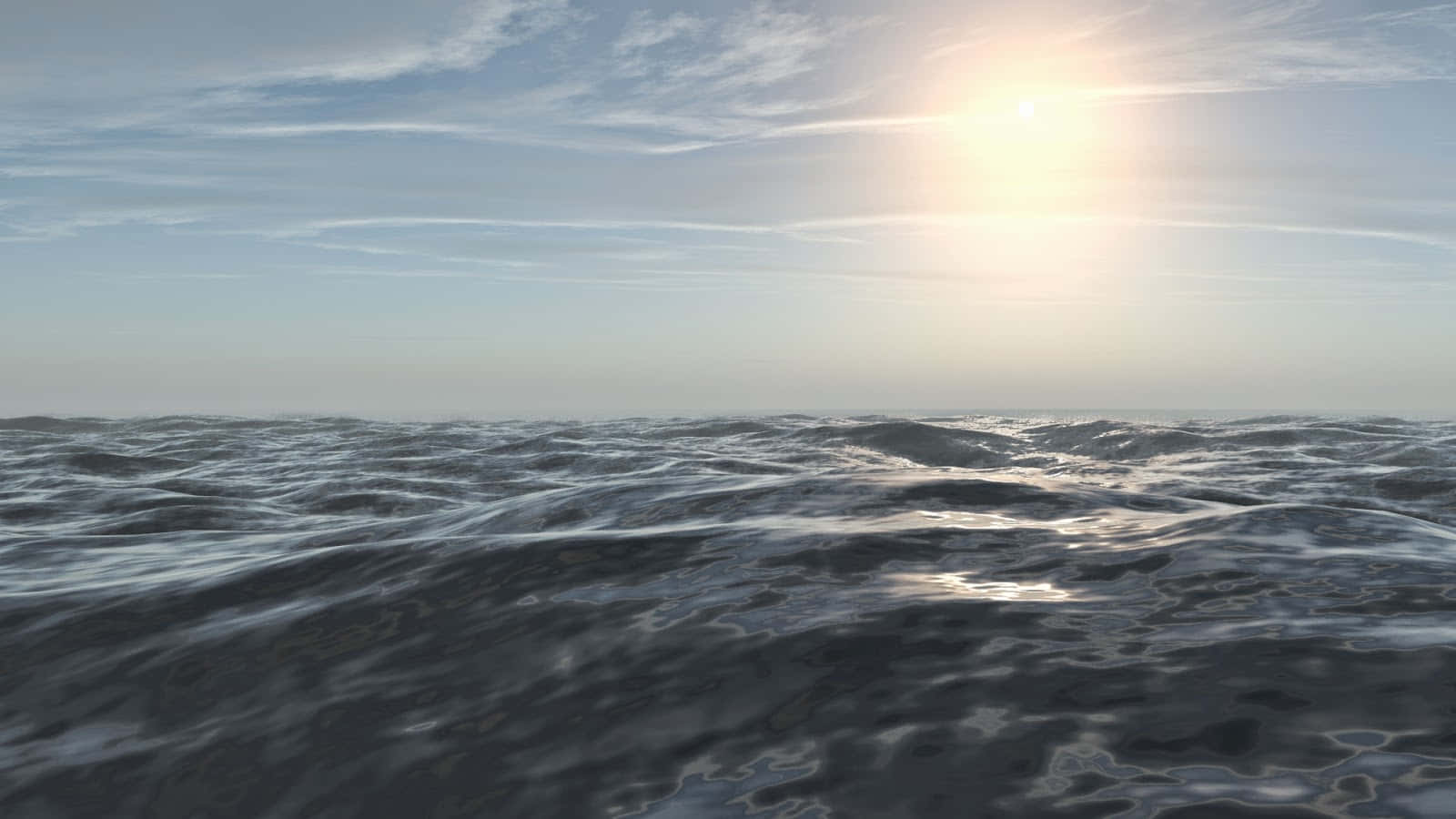 3d Ocean 桌布 壁紙 — 太陽喺廣闊嘅波濤洶湧嘅海洋上閃耀，天空蒼白，有薄雲。