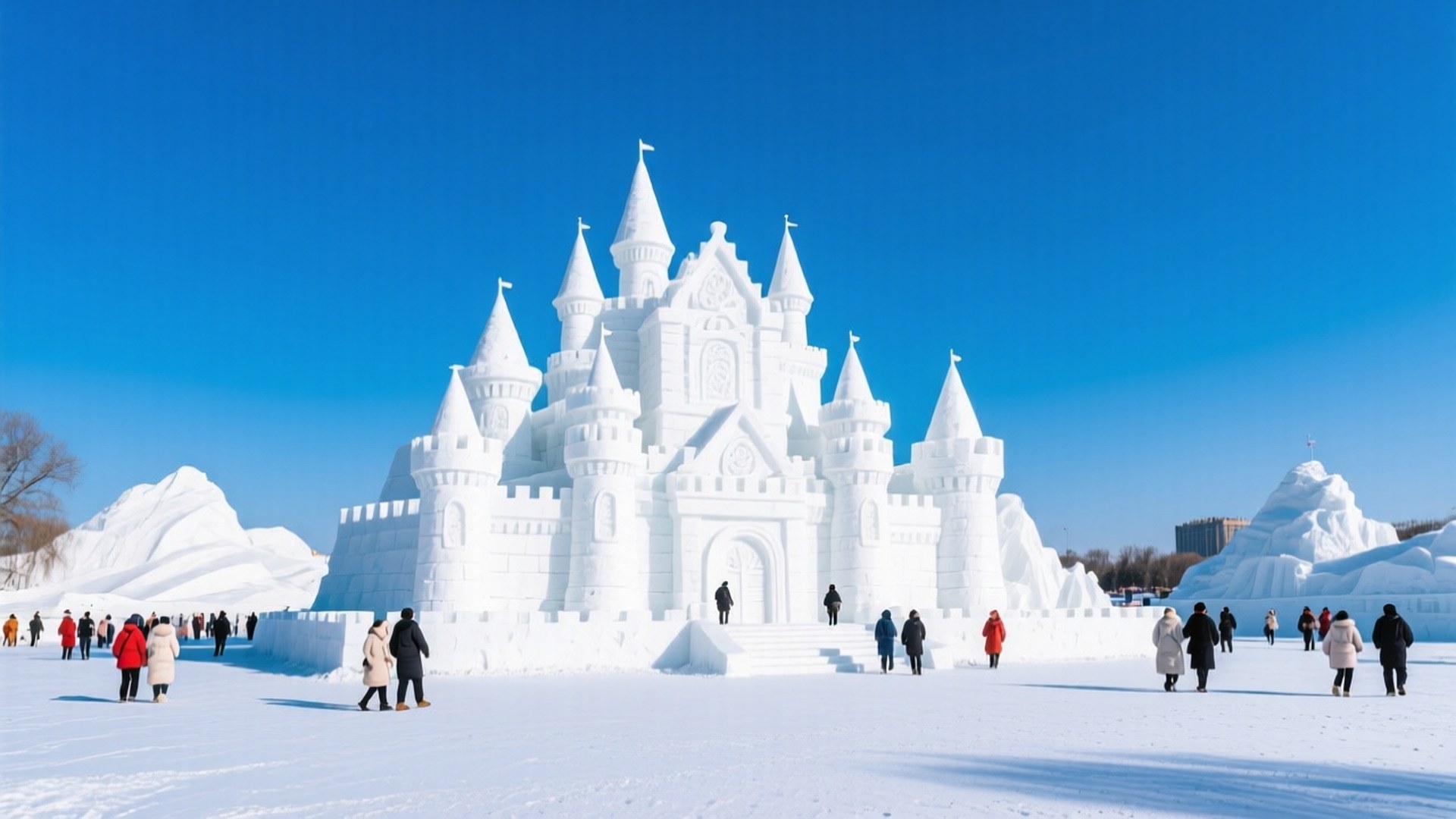 一座大型精細的雪城堡，遊客在晴朗藍天下的雪地上行走。