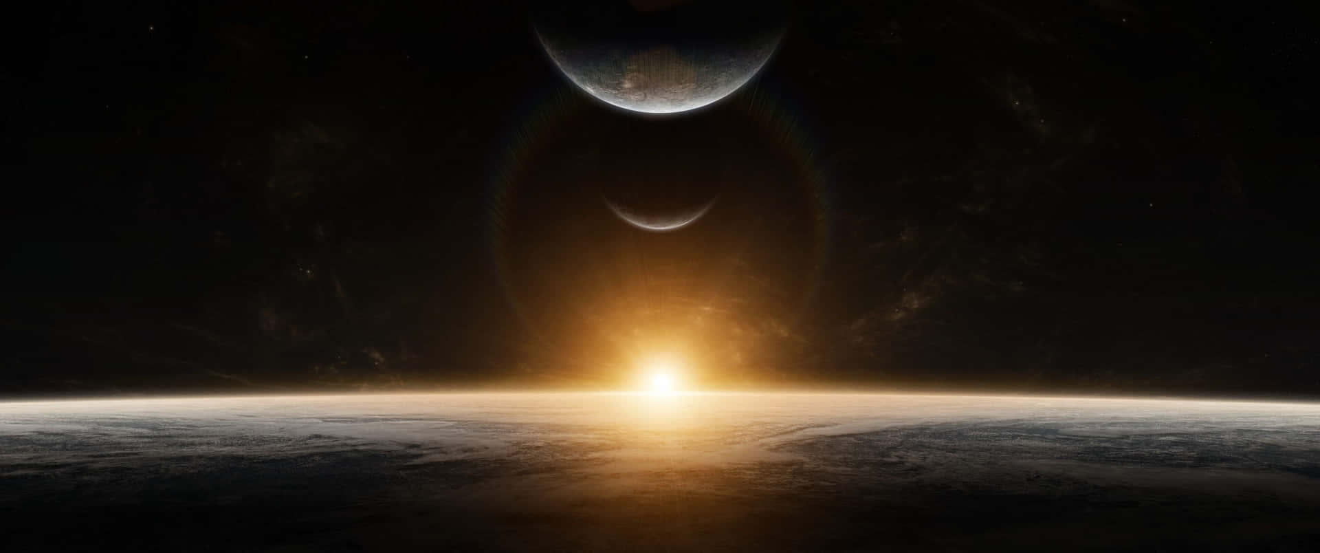 外星行星上的日出，兩個月亮在宇宙天空中