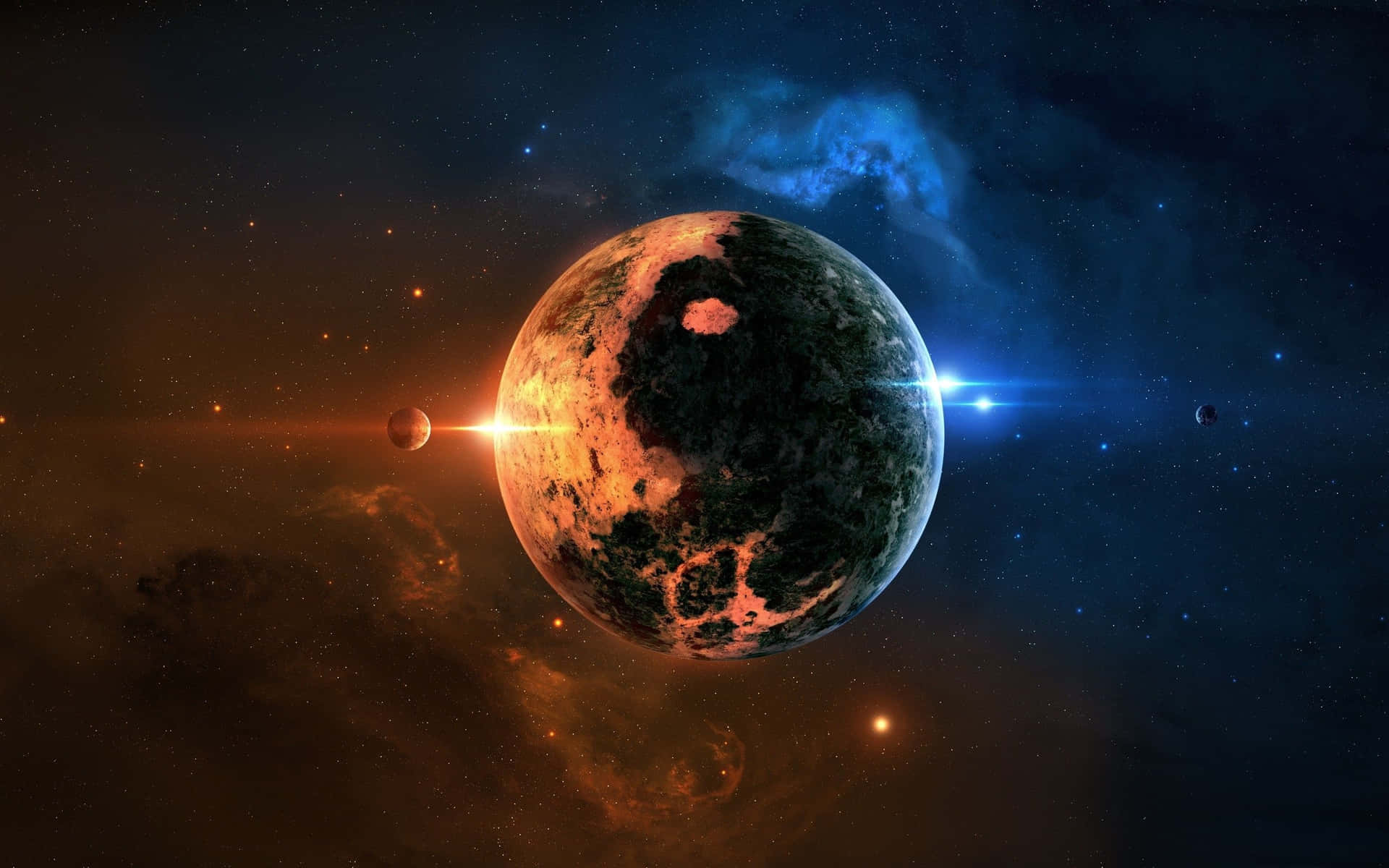 一顆巨大的行星，表面發光，在佈滿星星的宇宙場景中，有星雲和遙遠的星星。