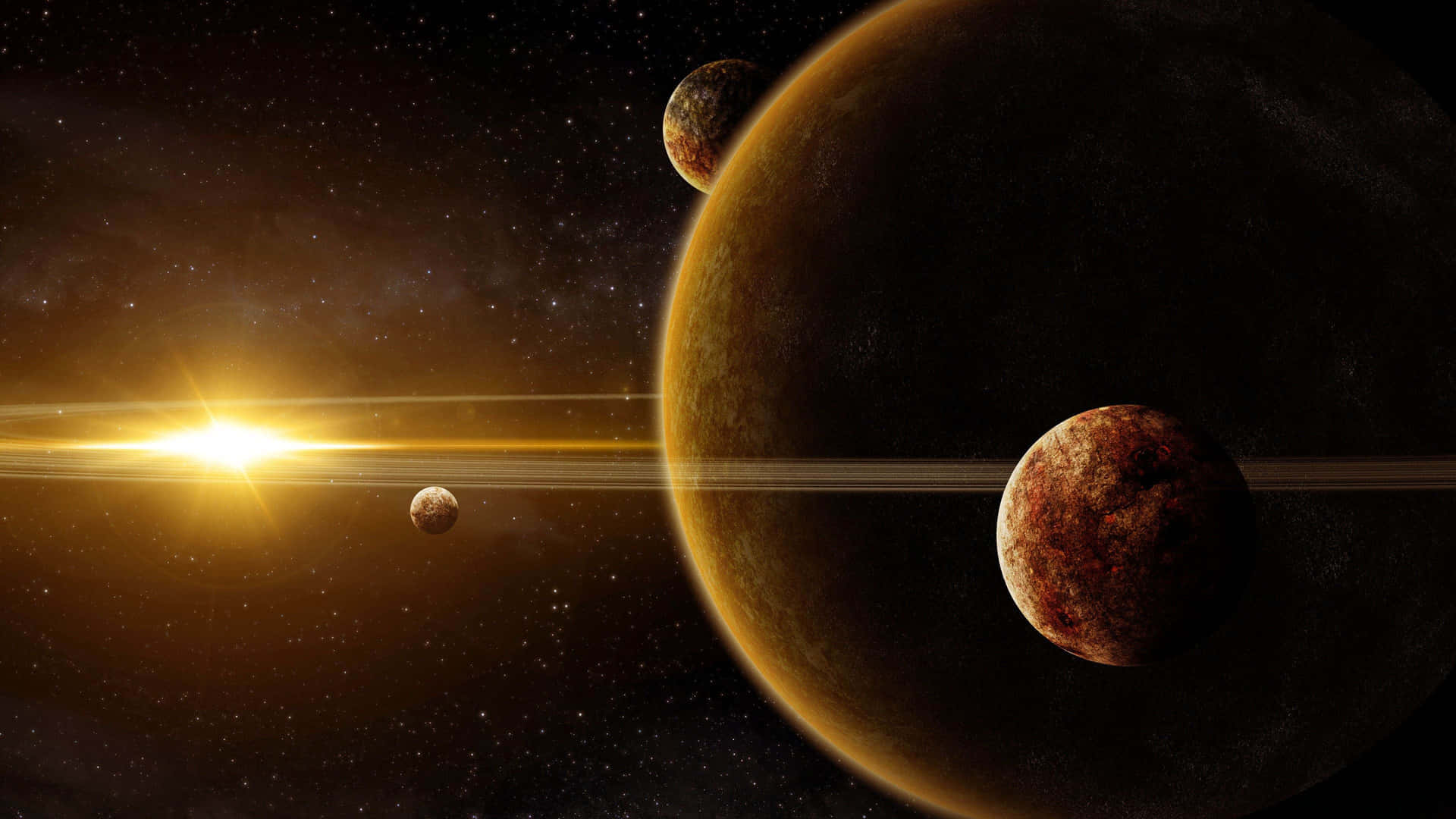 三顆行星圍繞著一顆明亮的太陽運行，在一個充滿星星的太空場景中。
