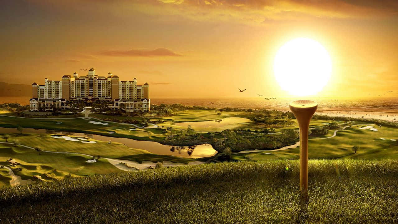 日落時分嘅高爾夫球場，有度假酒店同海景