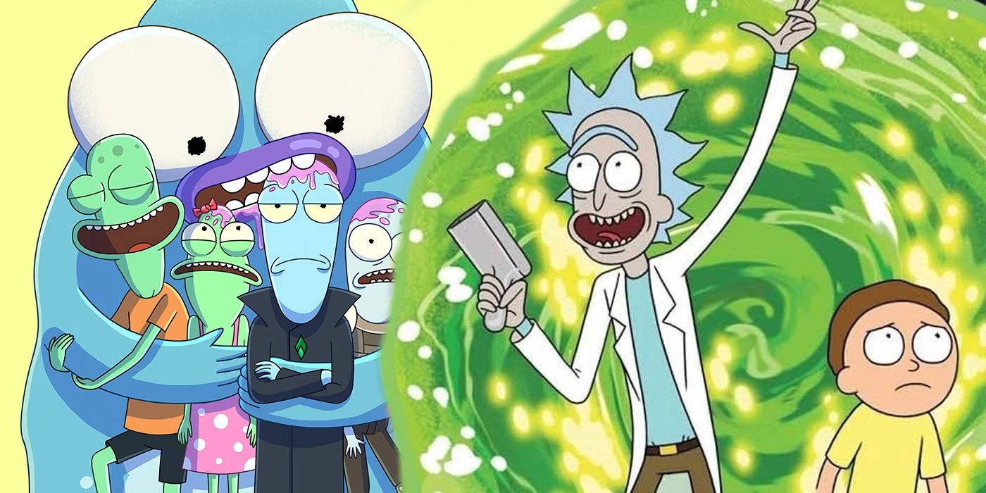 《太陽相反》角色與《瑞克和莫蒂》穿越門 壁紙 — Rick Sanchez 勝利地拿著傳送槍，而他困惑的船員們在旋轉的綠色漩渦後觀看。