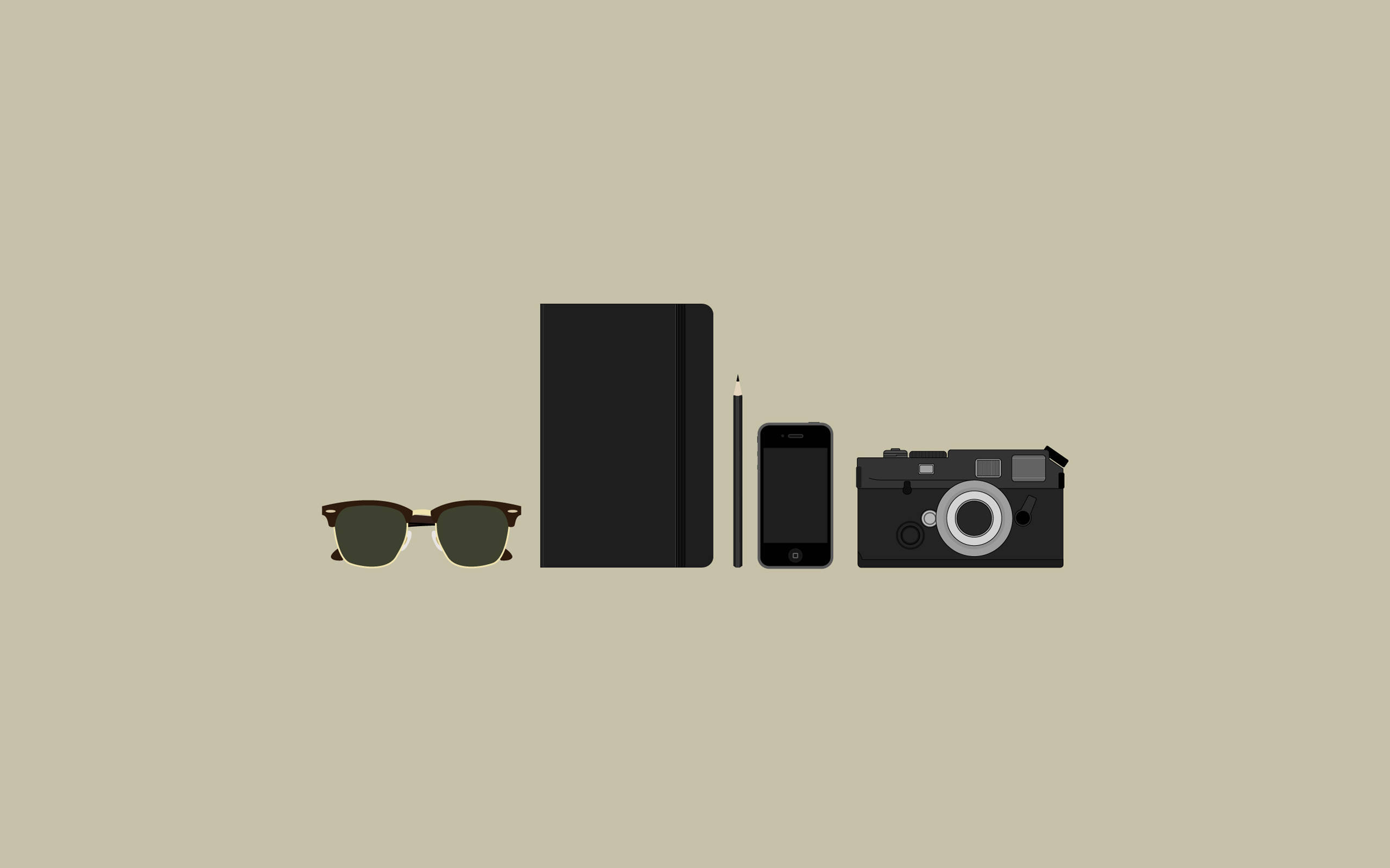 Beige Minimalist 桌布 壁紙 — 太陽眼鏡、筆記本、鉛筆、電話和相機的極簡平面設計圖標，排列在米色背景上。