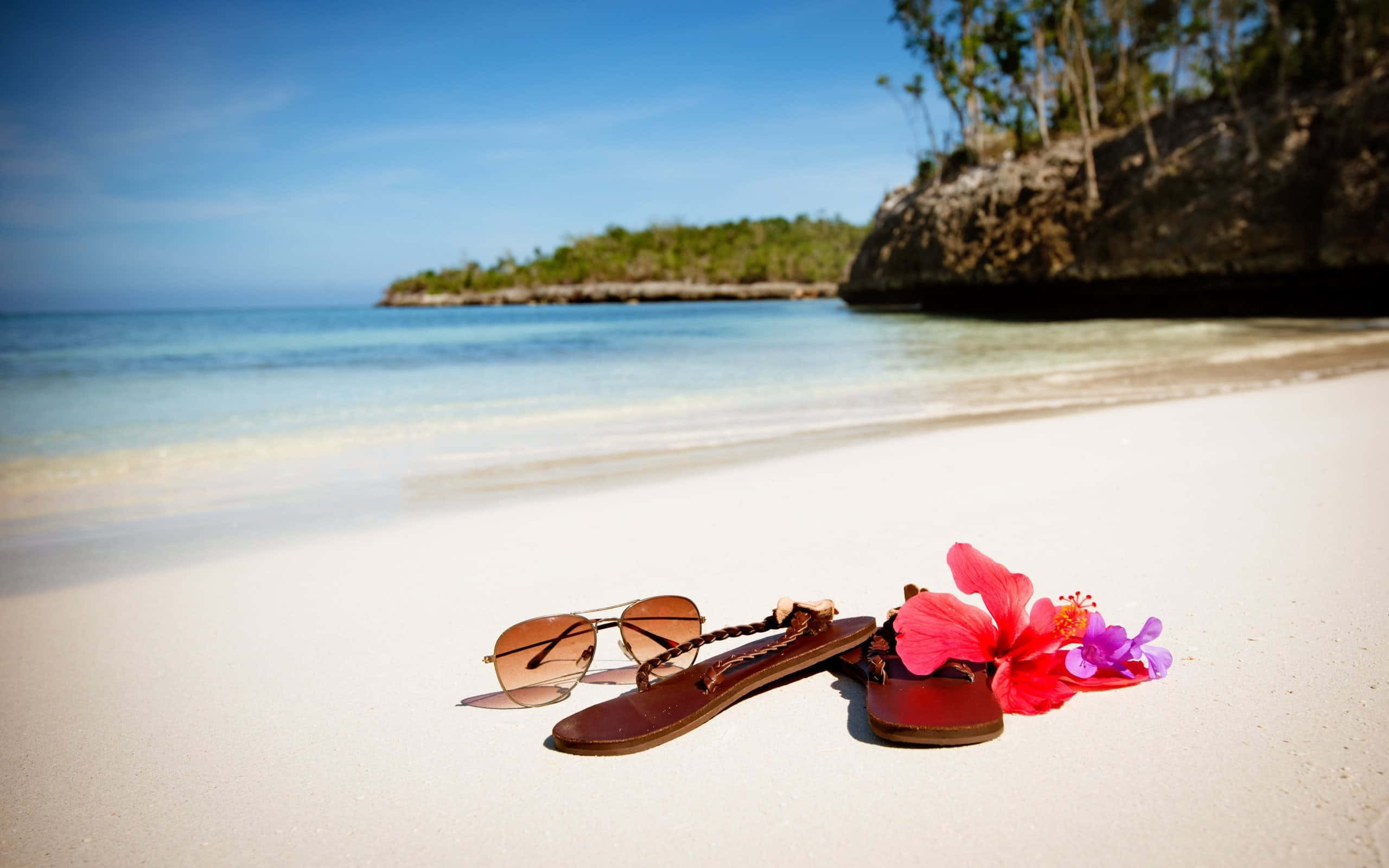 Beach Accessories 桌布 壁紙 — 太陽眼鏡和涼鞋放在純淨的白色沙灘上，旁邊是鮮豔的粉紅色和紫色芙蓉花，在清澈的藍天下。