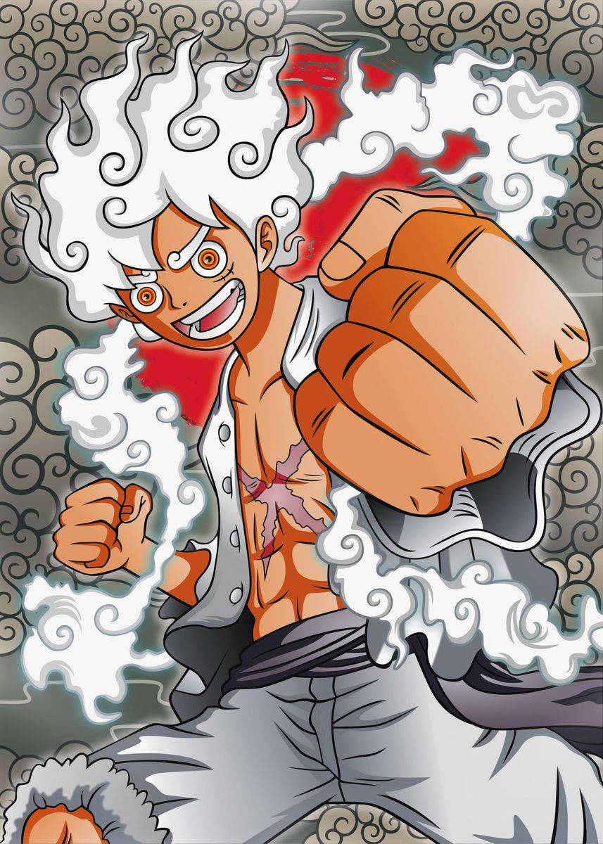 白髮發光眼睛的動漫戰士穿過旋轉的煙霧出拳。