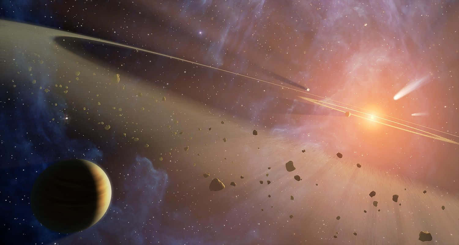 發光的太陽照亮了彩色星雲中的小行星和帶環行星。