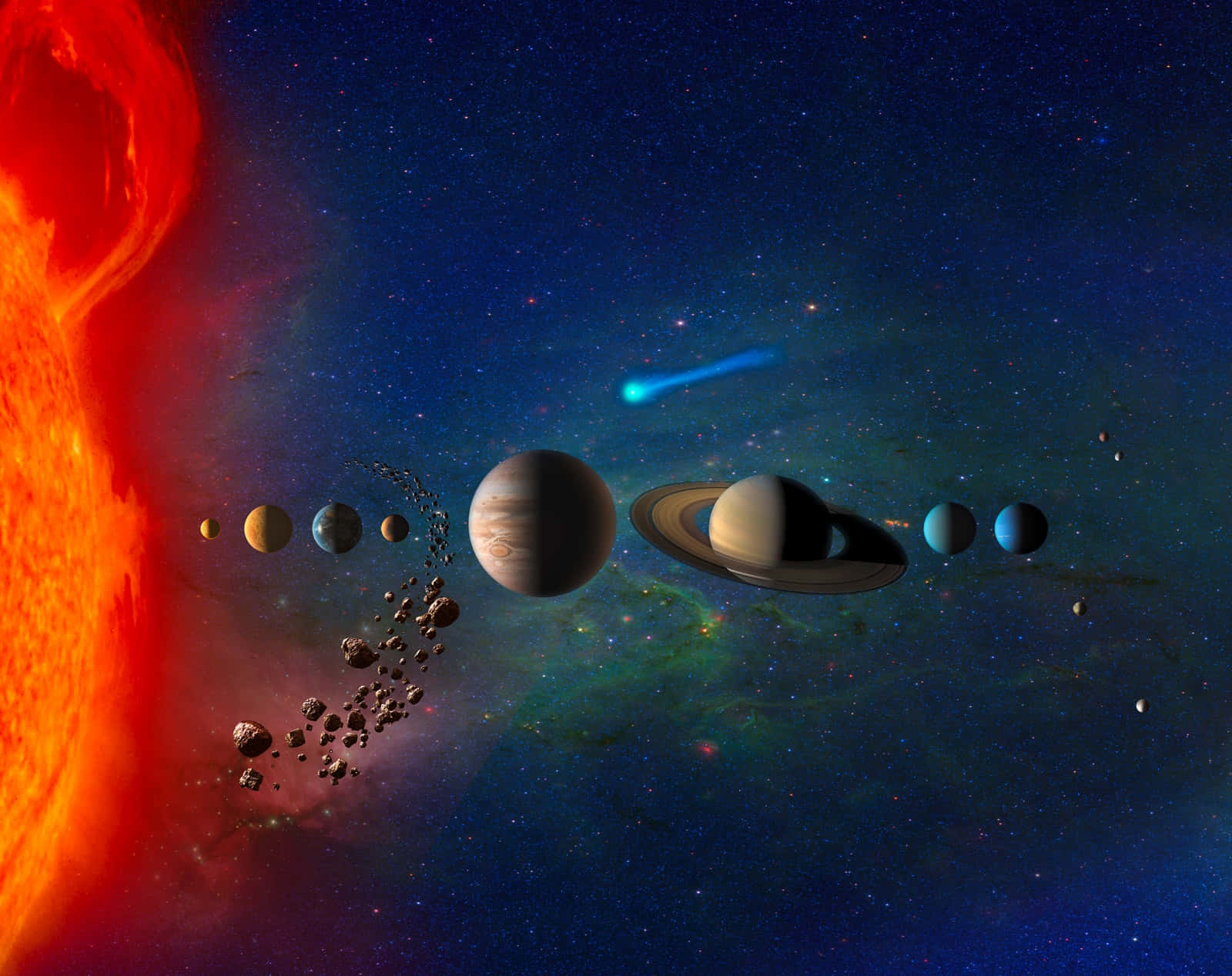太陽系中的太陽、行星和小行星在深空