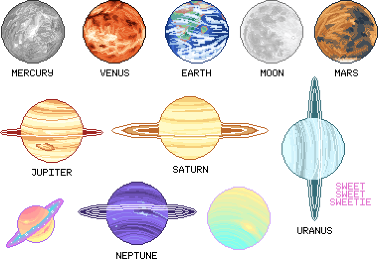 太陽系像素藝術行星 壁紙 — 像素藝術描繪九個天體，包括水星、金星、地球、月球、火星、木星、土星、天王星、海王星，以及一個帶有文字的風格化行星。