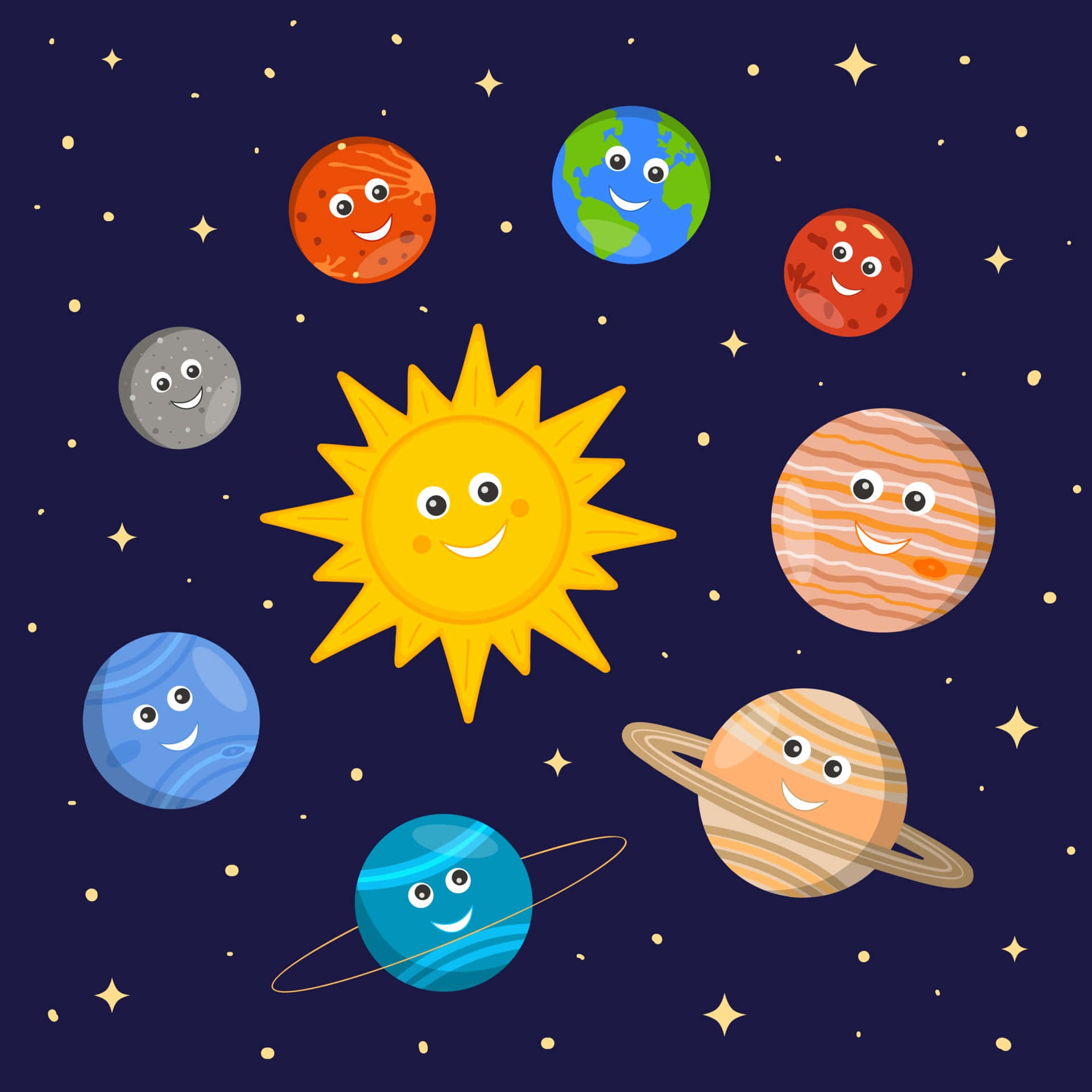 在星空夜晚中，有臉的快樂卡通太陽和行星。