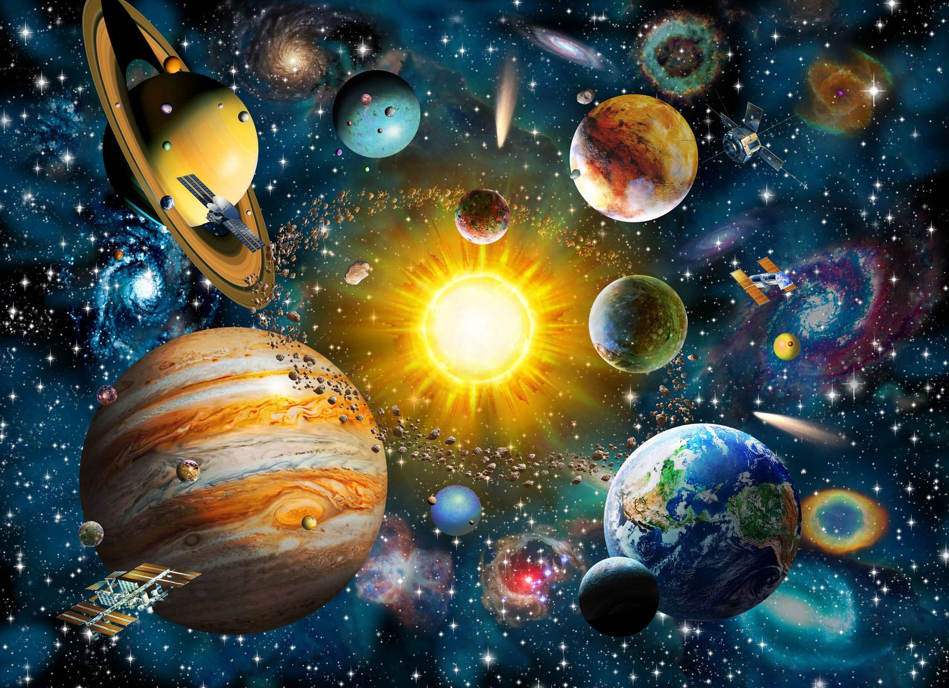 天體和太空船在繁星點點的宇宙中繞著明亮的太陽運行。
