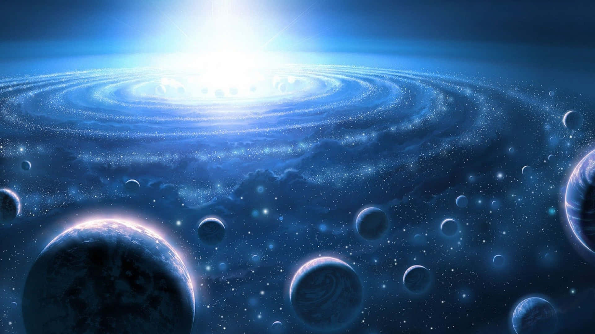 一個藍色星系，在光芒四射的太陽下有發光的行星和恆星。