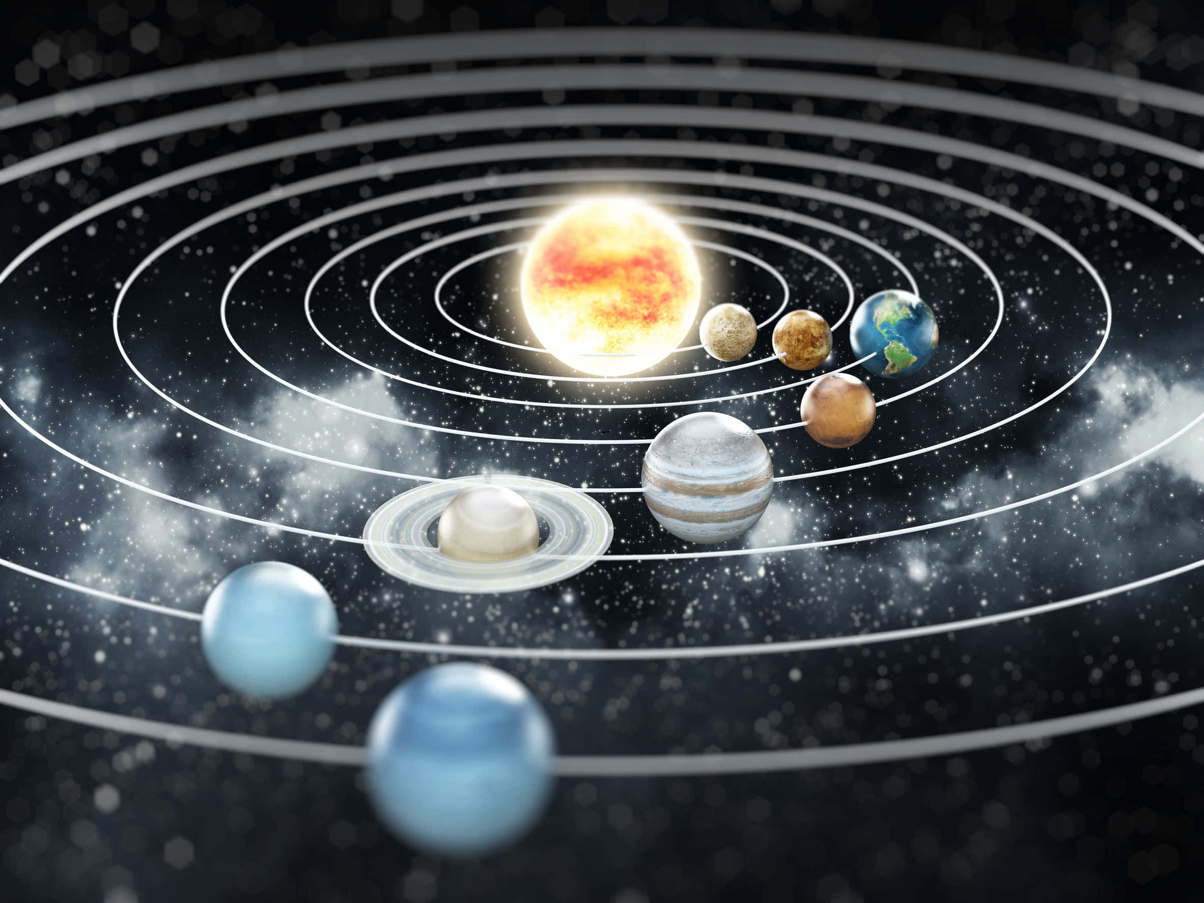 太陽系天文圖像 壁紙 — 一個風格化的太陽系，帶有發光的太陽和行星在白色軌道上，背景是繁星點點的宇宙。