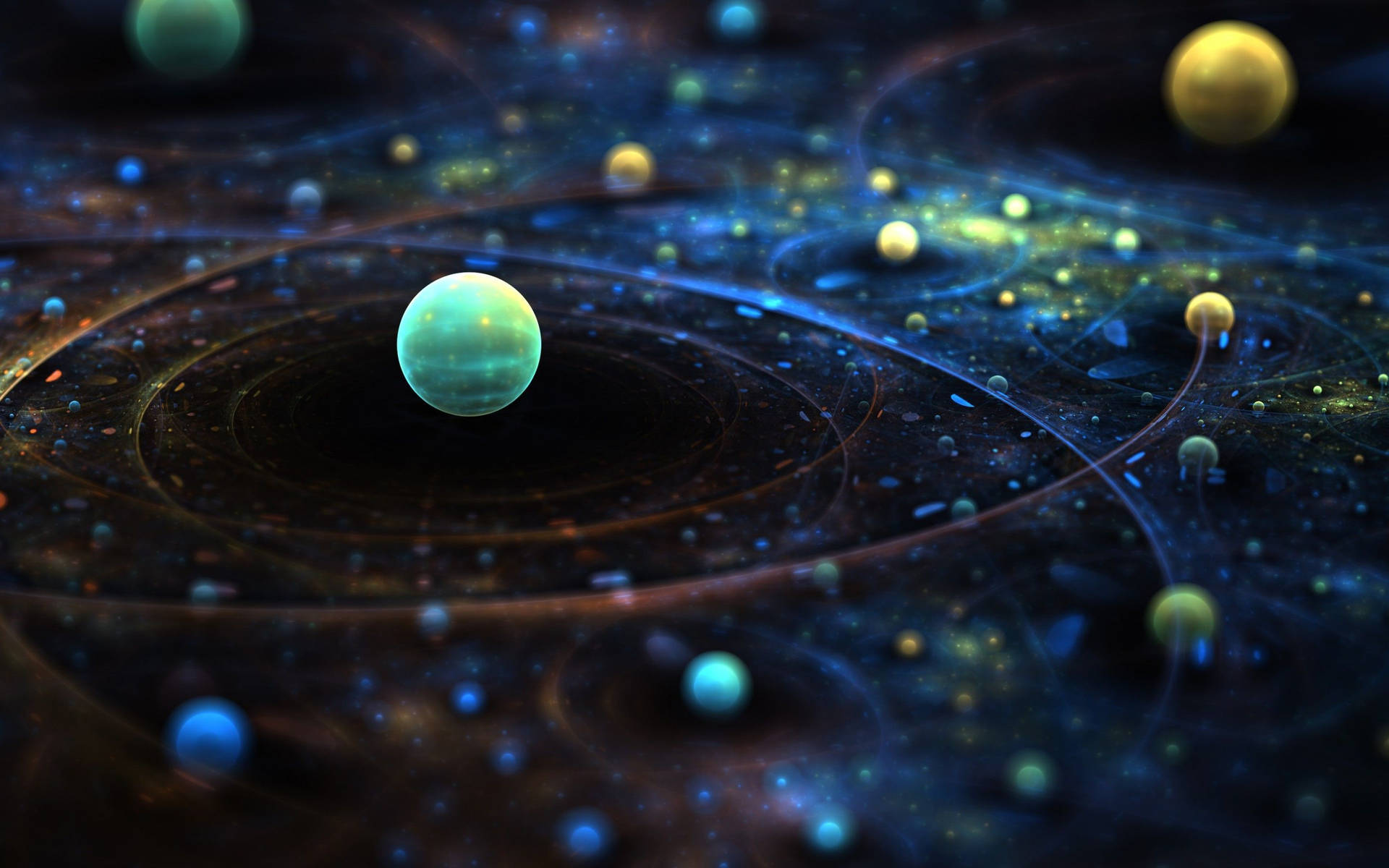 發光的行星在色彩繽紛的宇宙星雲中運行，帶有旋轉的能量軌跡。