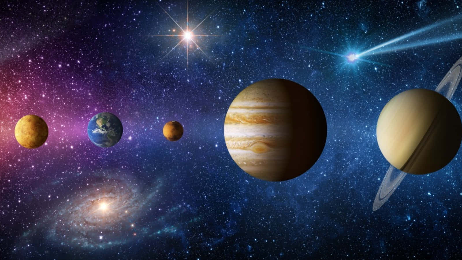 行星在色彩繽紛的繁星銀河中漂浮，伴隨著一顆明亮的星星和彗星尾跡。