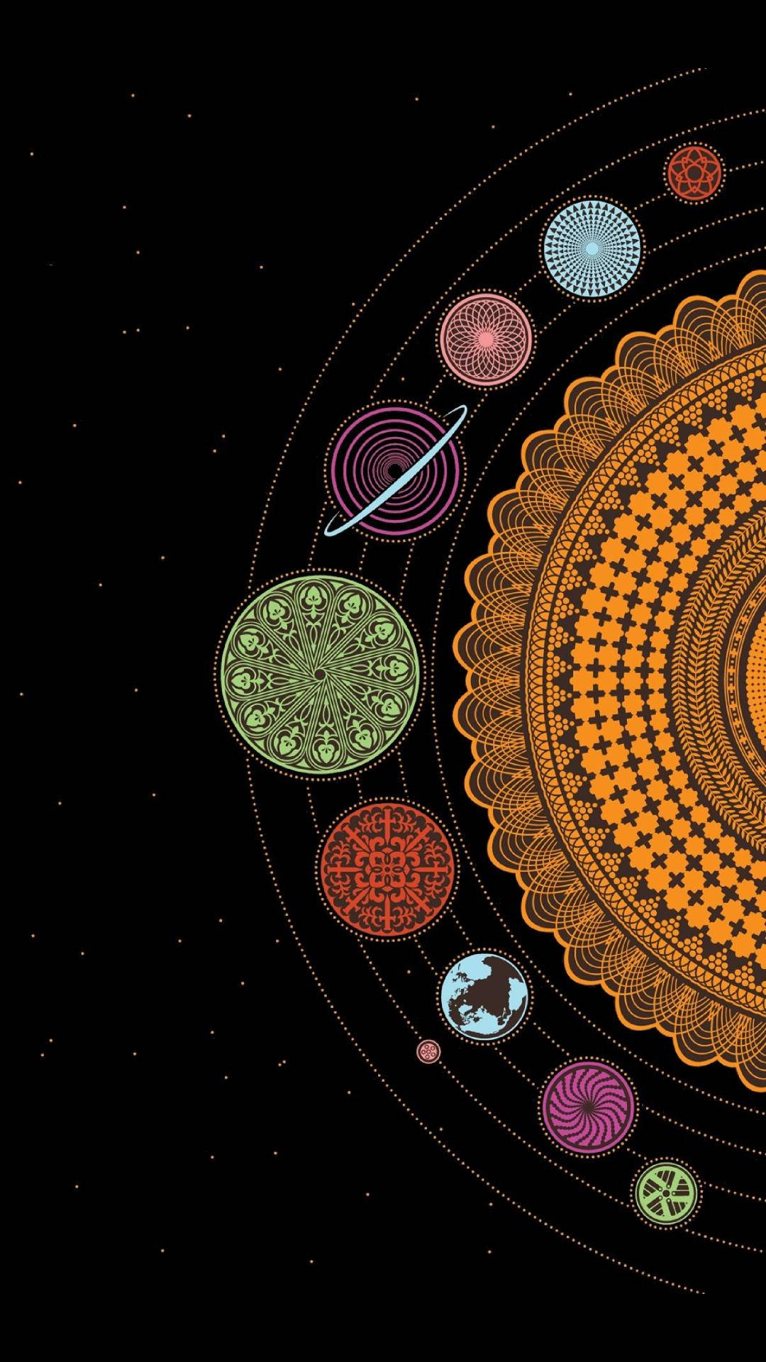 色彩繽紛的幾何行星在太空中圍繞一個大曼陀羅太陽運行。