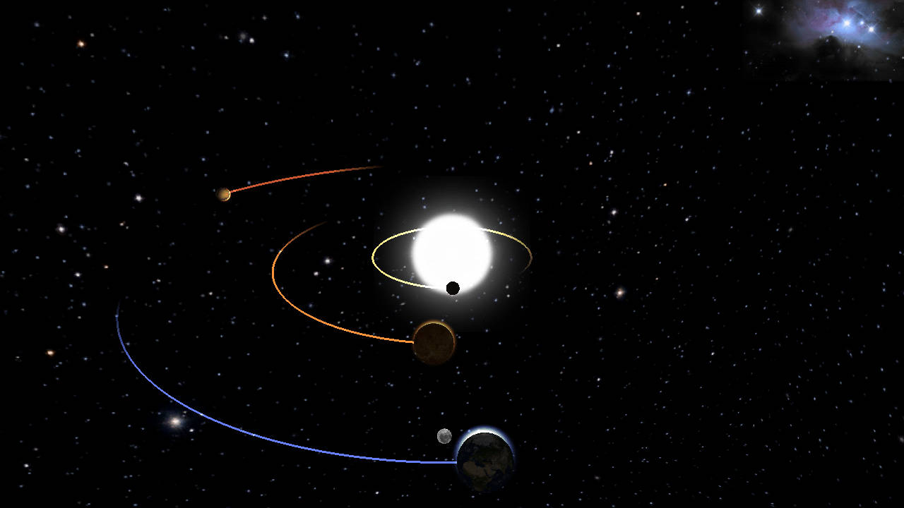 一個恆星系統，行星在彩色軌道上運行，遠處有發光的星雲。