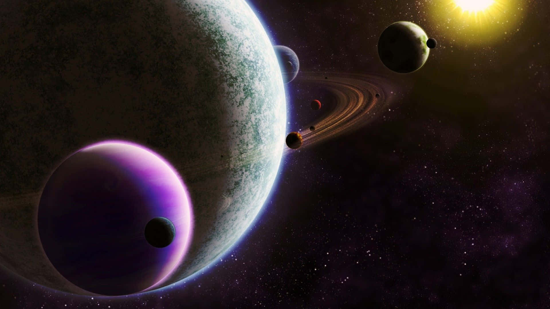一個宇宙場景，有行星、光環和星星，在明亮的太陽下