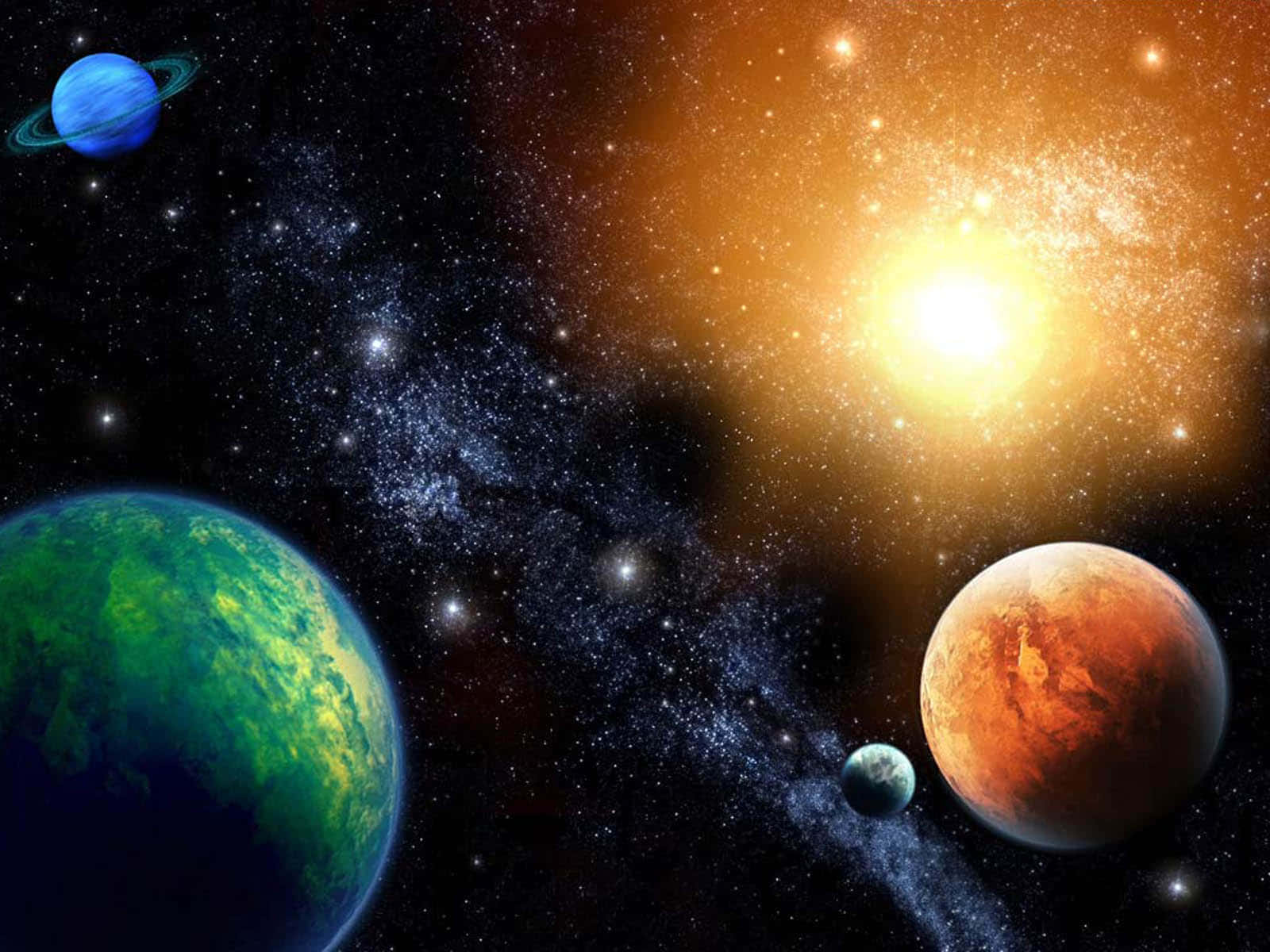 行星和恆星在色彩繽紛的宇宙場景中繞著明亮的太陽運行。