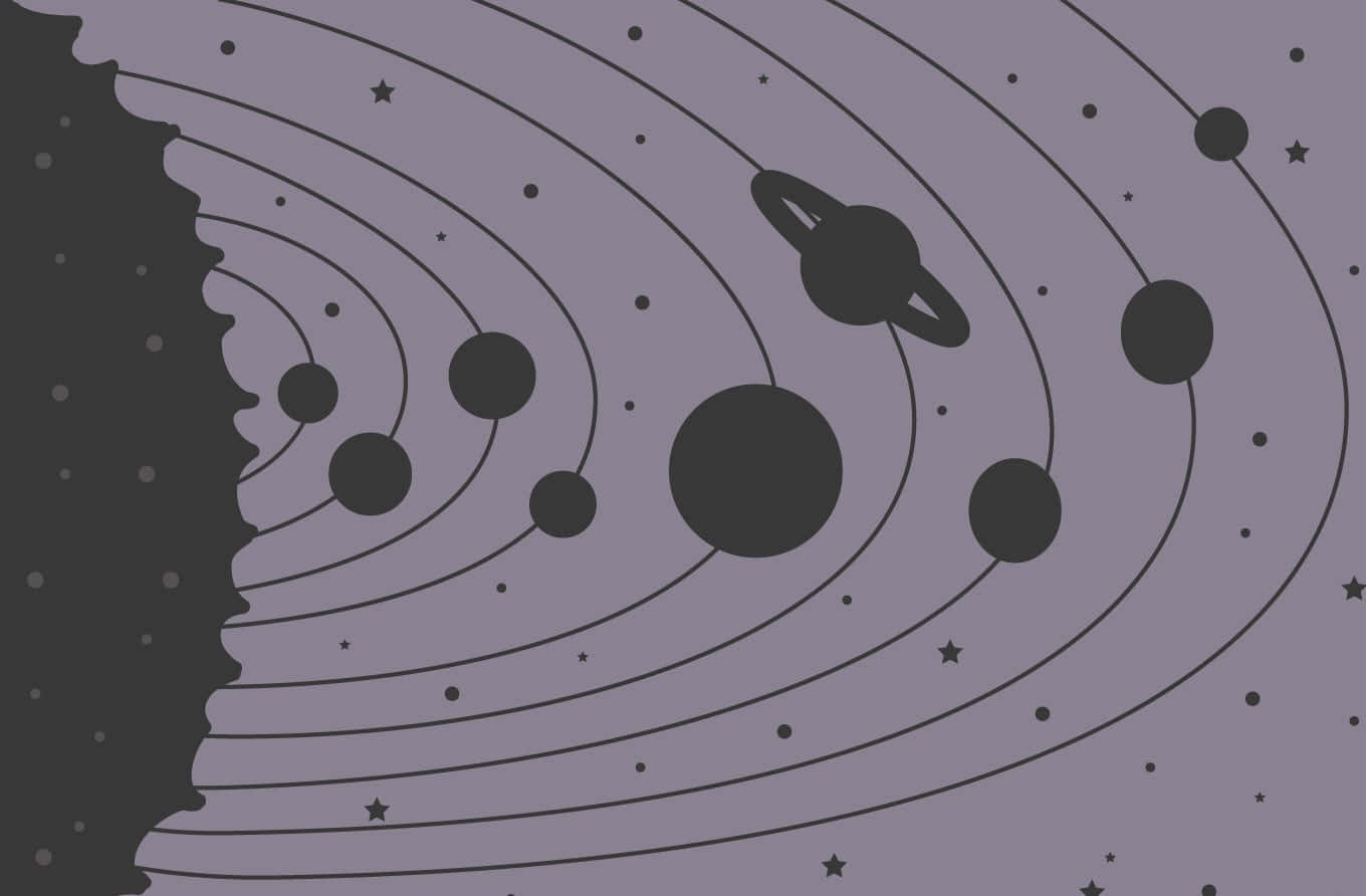 極簡太陽系，行星在紫色太空中沿軌道運行。