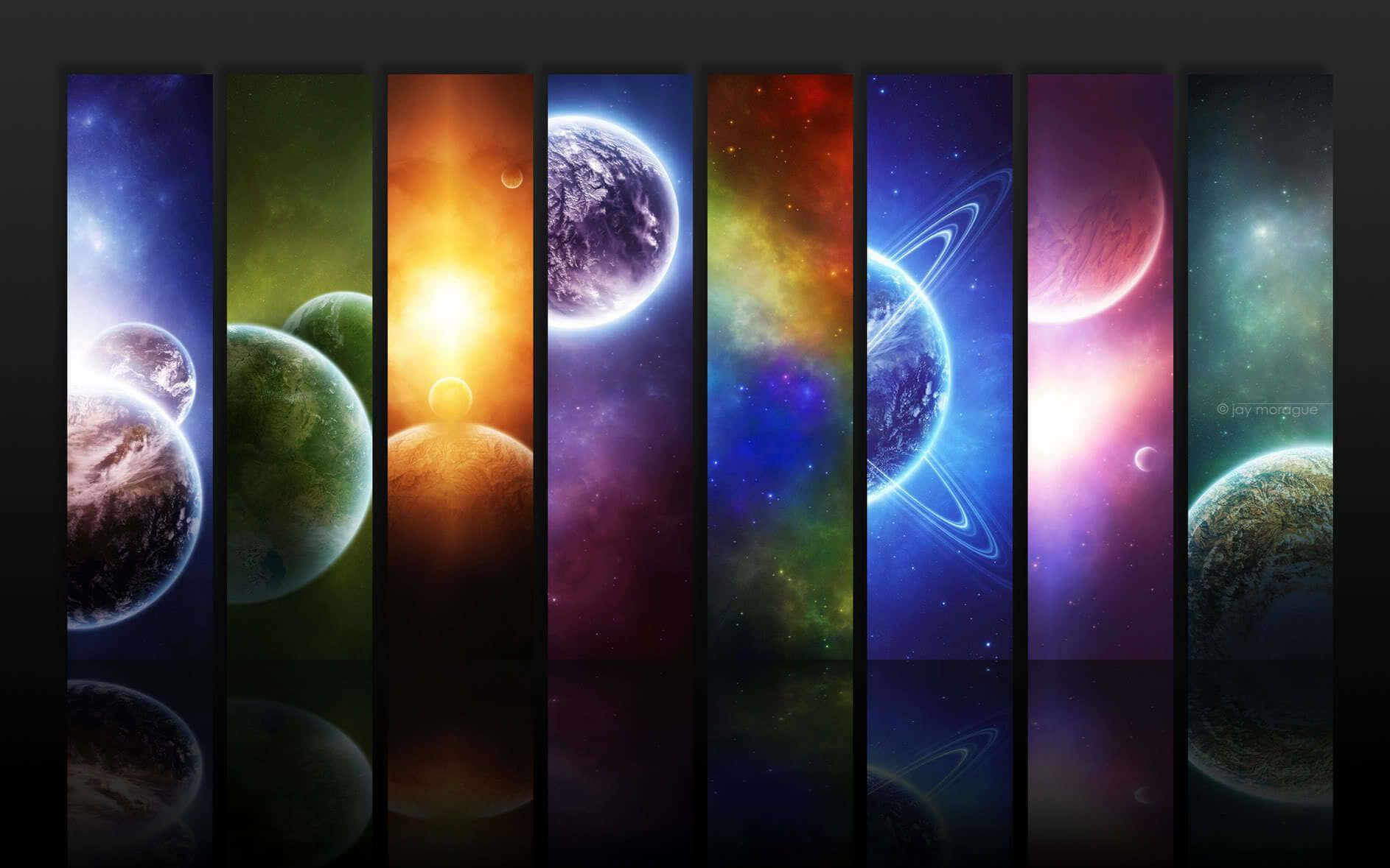 垂直面板顯示太空中的彩色行星和宇宙場景。