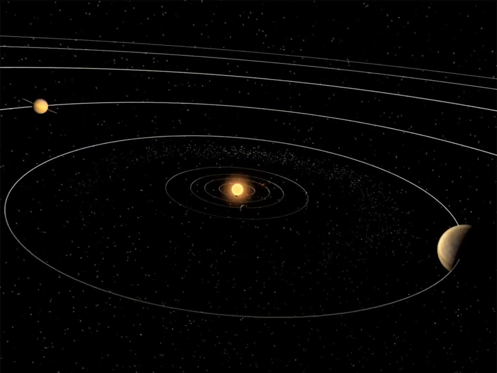 一顆恆星，在深空中擁有繞行的行星和天體。
