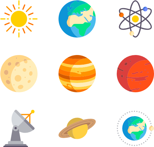 太陽系與太空探索圖標 壁紙 — 一組扁平向量太空圖標，包括太陽、地球、原子、月球、木星、火星、土星、衛星和軌道行星，背景為黑色。