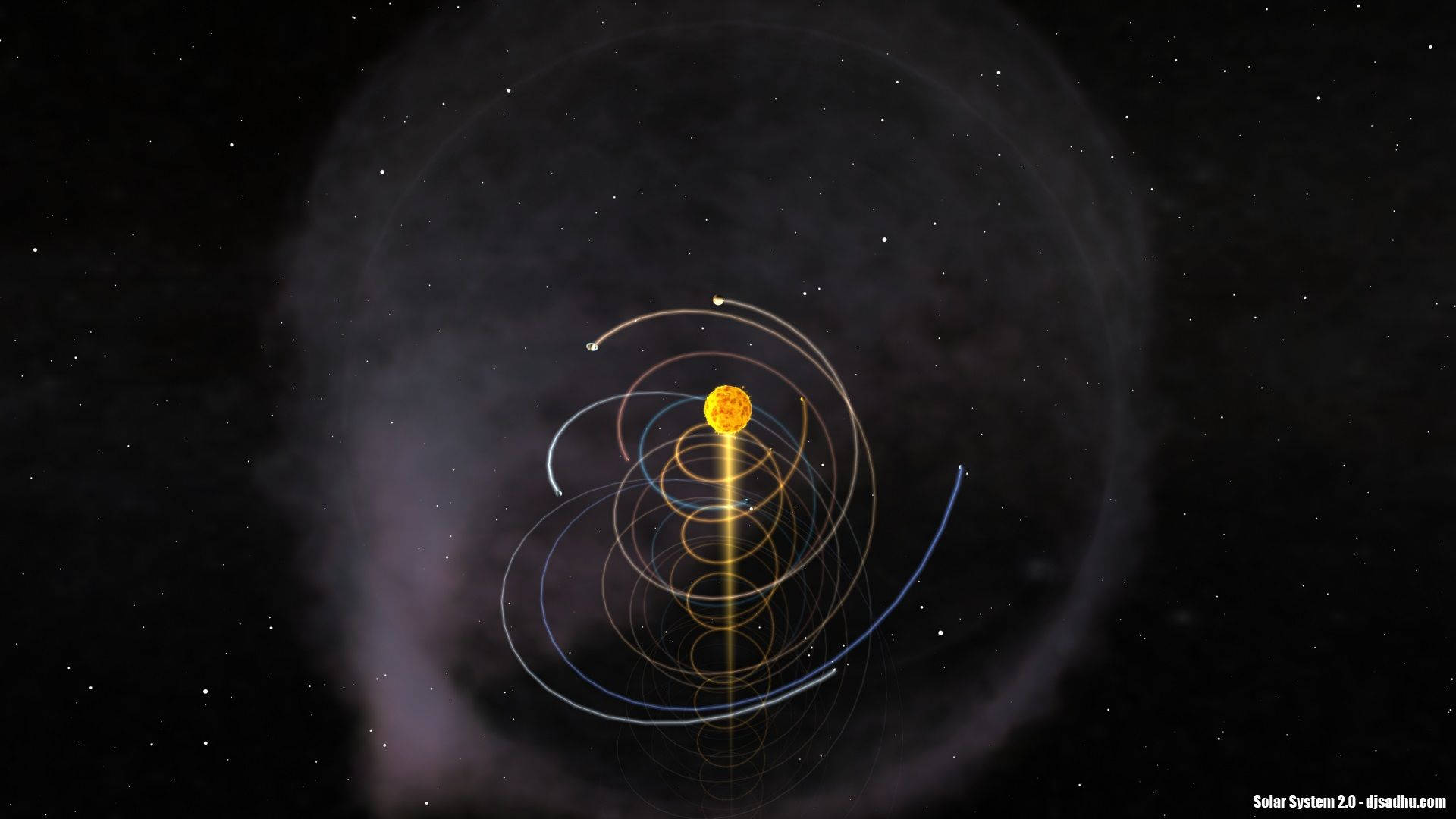 太陽系，有發光的太陽和運行的行星，背景是星空。