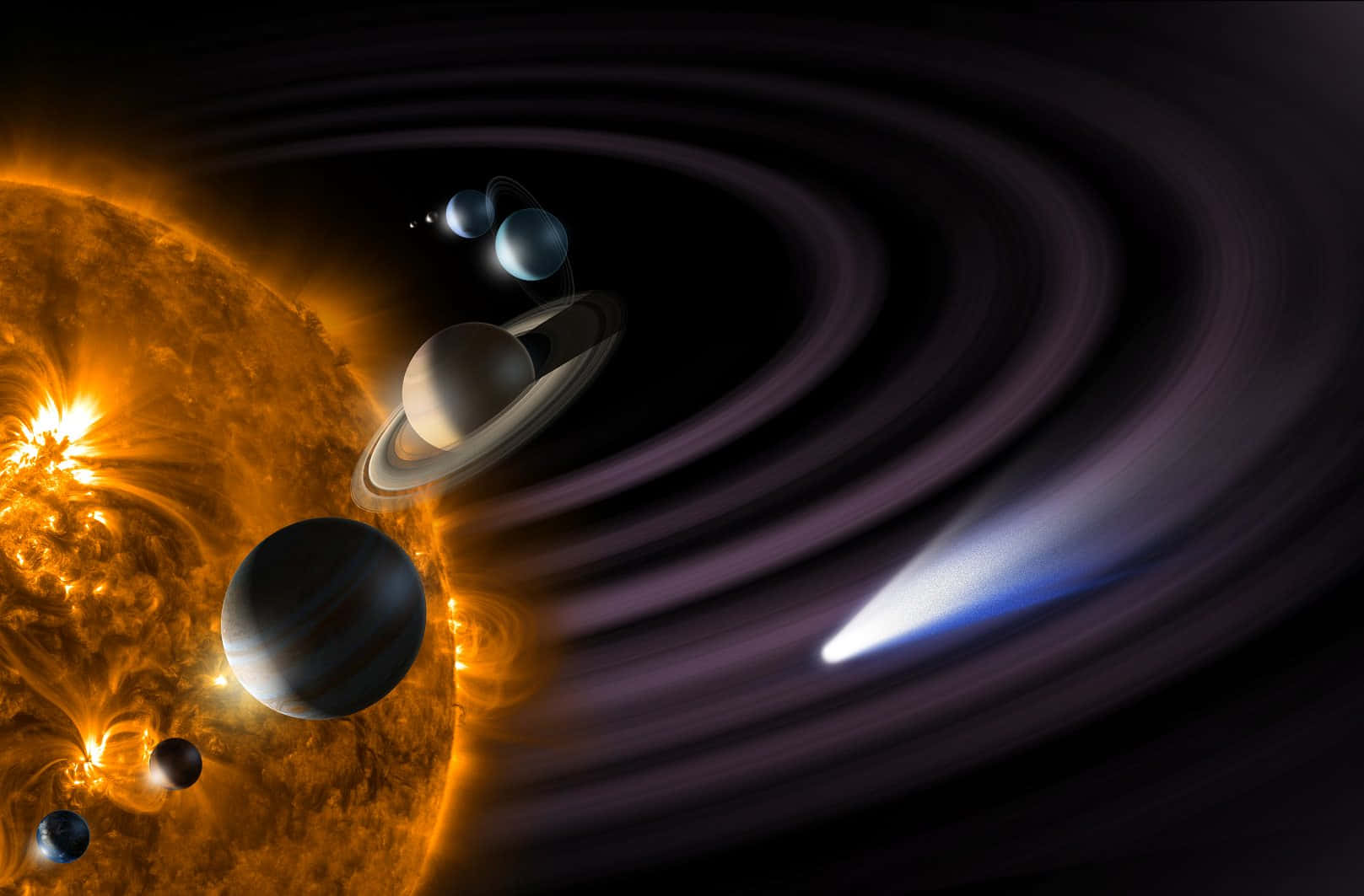 太陽系中行星和彗星在宇宙漩渦中運動。