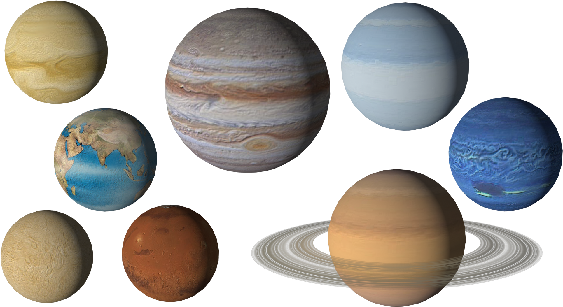 太陽系行星渲染圖 壁紙 — 八顆行星（包括地球、火星、木星、土星和海王星）在深黑色太空背景下漂浮的生動展示。