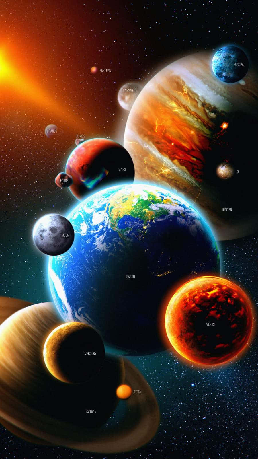 太陽系中標有標籤的行星，帶有太陽爆發和星星