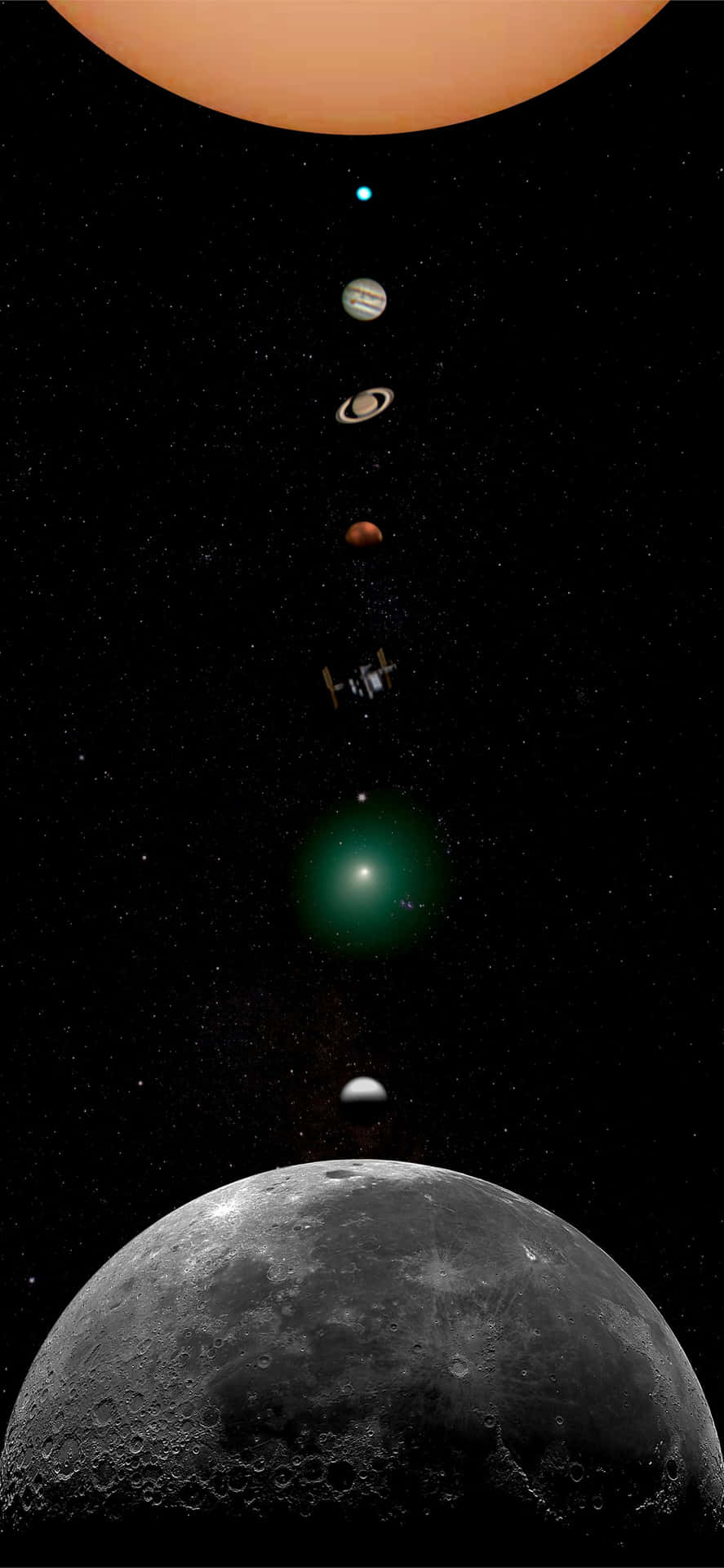 太空中行星和太空船的垂直排列，底部有月亮。