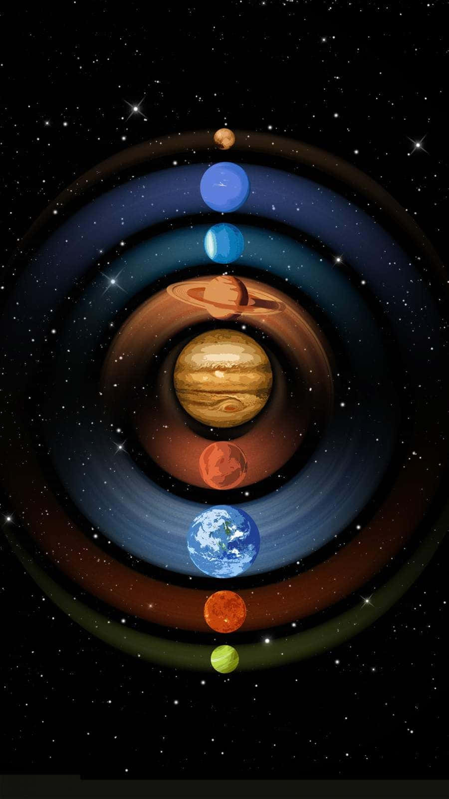 行星在風格化的太陽系中圍繞中央太陽運行，背景是繁星點點。
