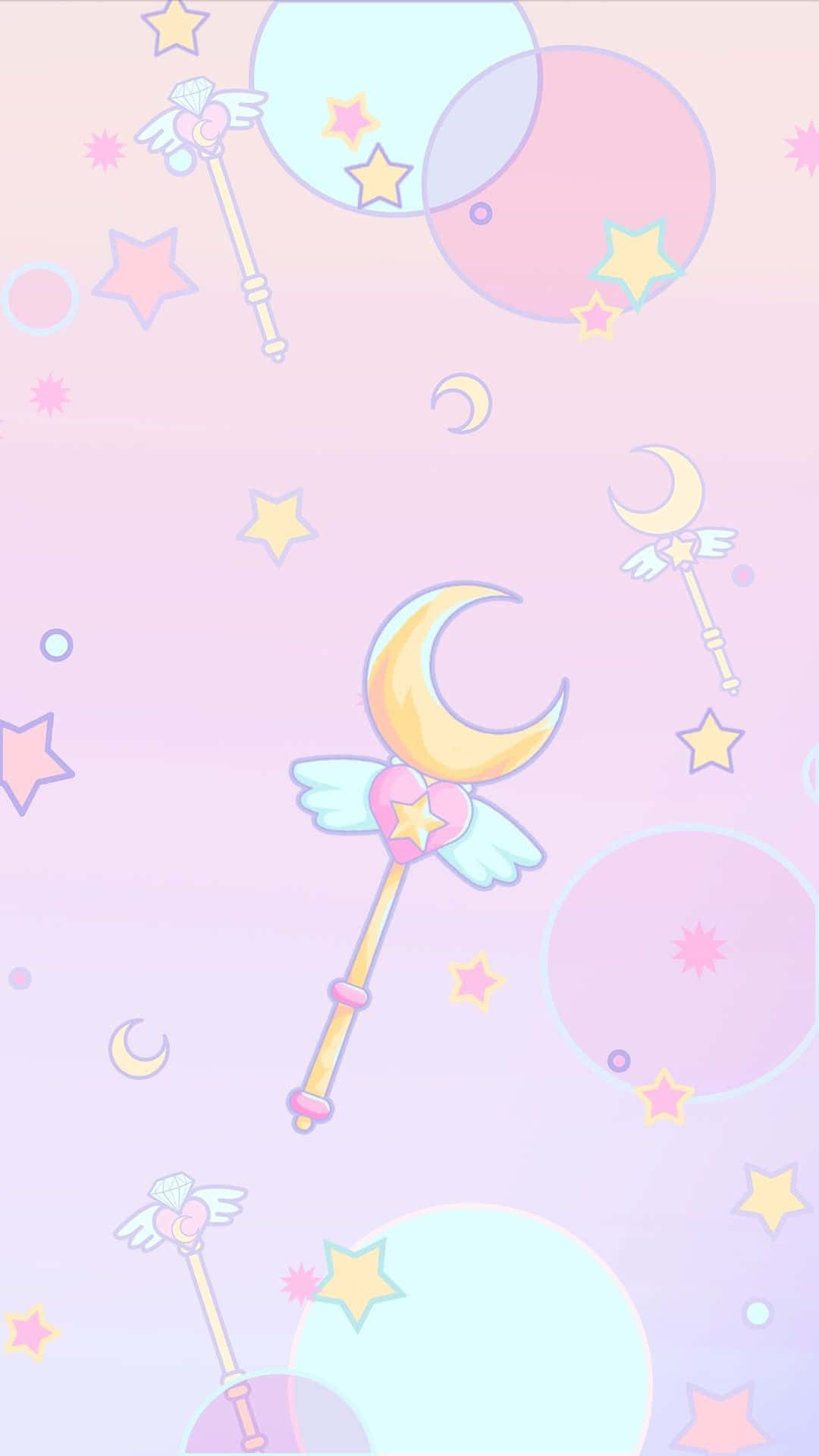 魔法棒、星星和月亮漂浮在粉彩漸變的天空中。