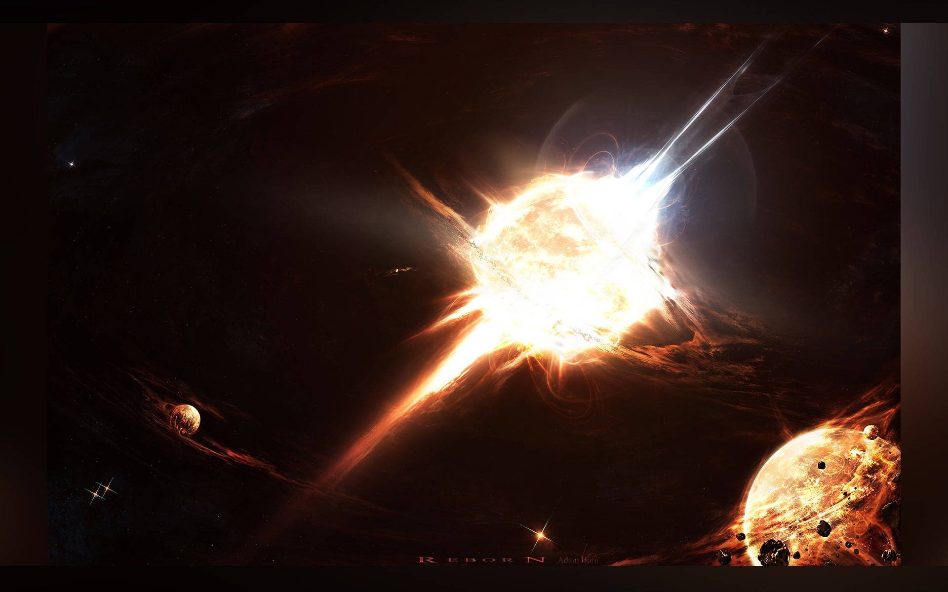明亮的宇宙爆炸照亮了深空中的行星和恆星。