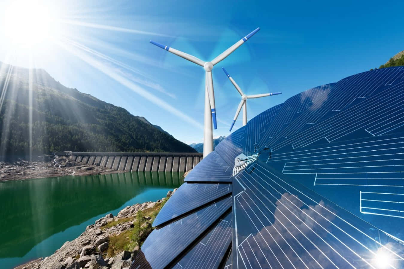 Energy 桌布 壁紙 — 太陽能板和風力渦輪機在明亮的藍天下，於山區景觀中的水壩旁利用陽光。