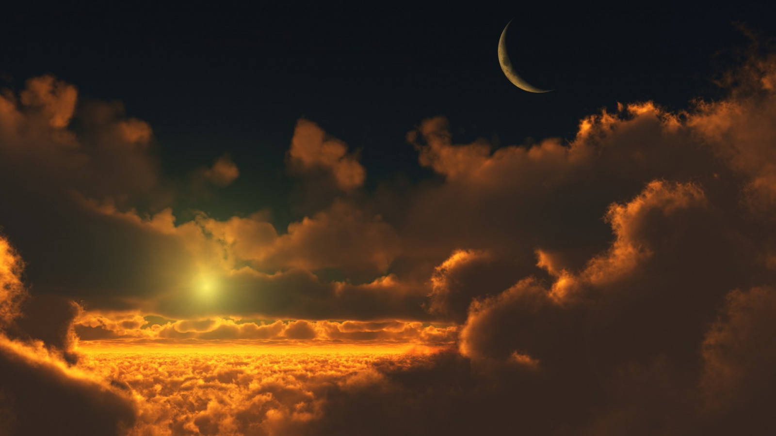 太陽與月亮伴雲 壁紙 — 戲劇性的黃昏天空，一顆發光的太陽從火橙色雲層中窺視，上方有一彎新月。